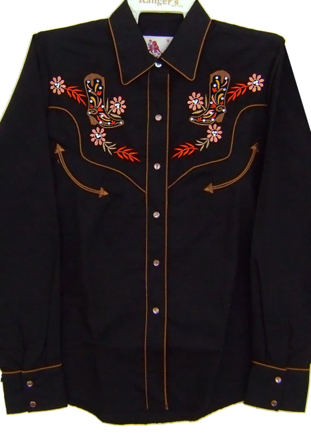 Women's Embroidered Fitted Western Shirt Filigree Cowboy Boot Black