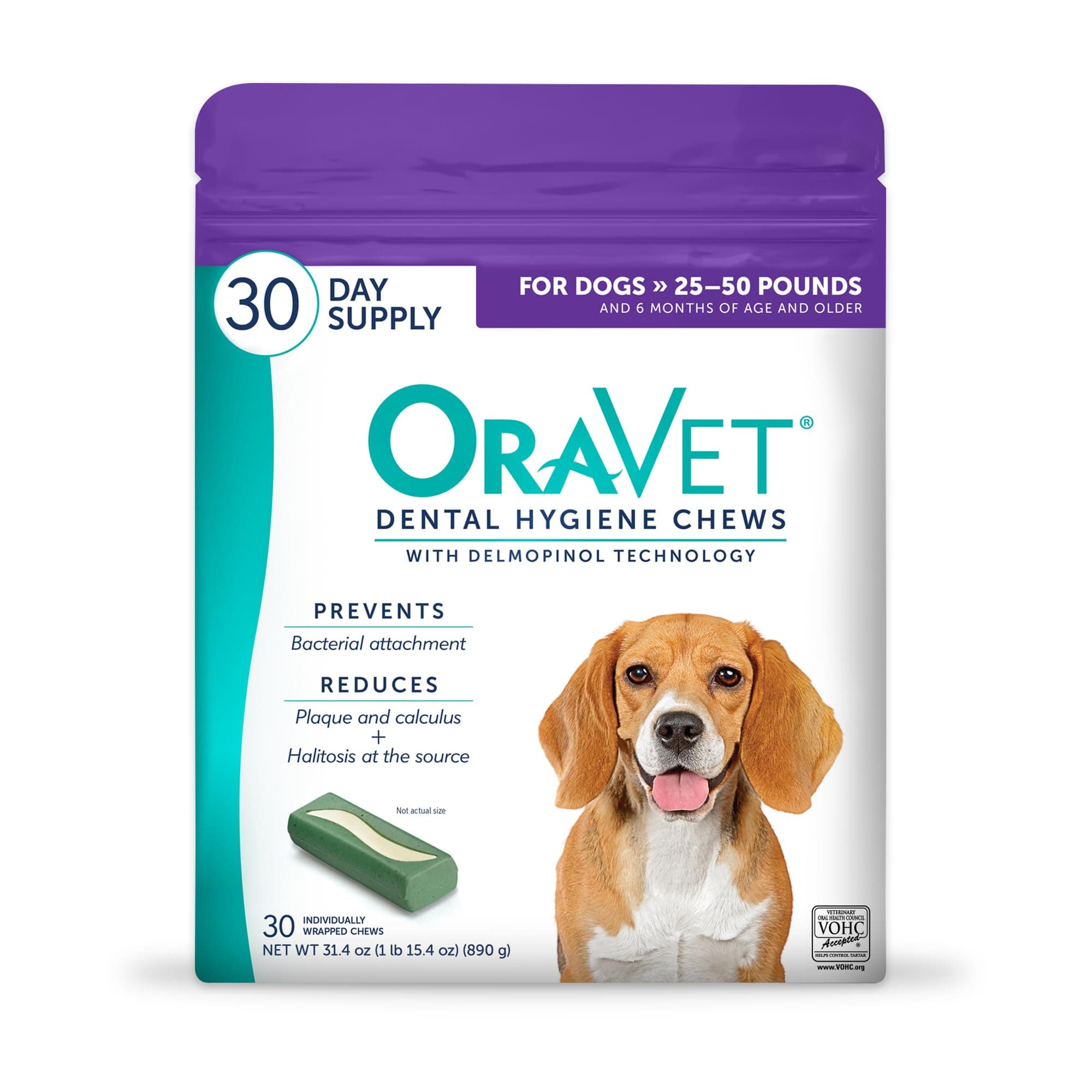 Dental Chews for Dogs, Oral Care and Hygiene Chews (Medium Dogs, 25-50 lbs.) Purple Pouch, 30 Count