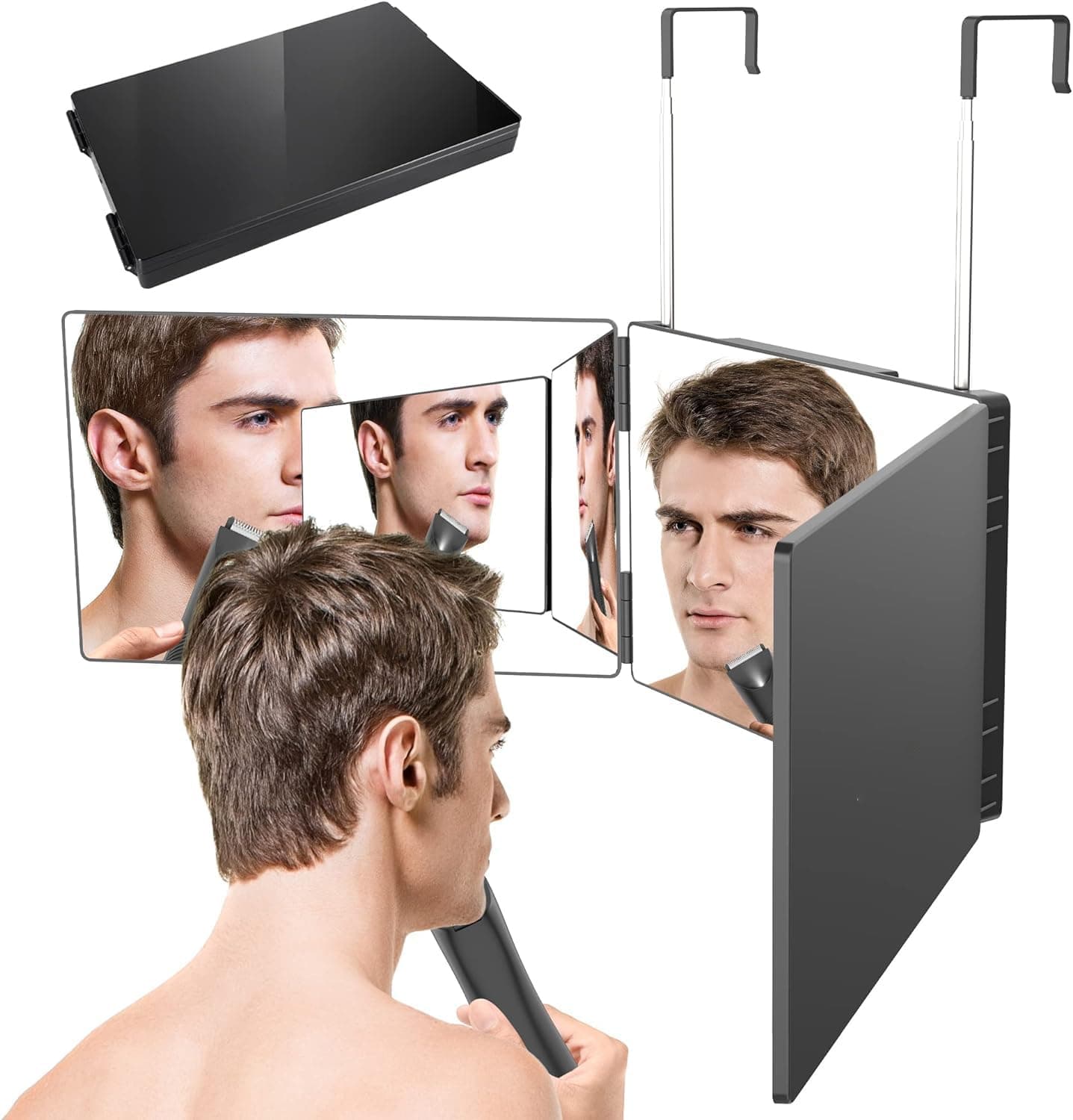 360° Adjustable & Foldable 3 Way Mirror, Black ABS Frame, 30.5 x 19.5 cm, Wall Mount, Personal Grooming & Dressing