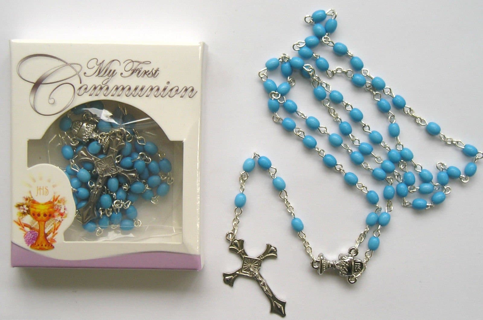 My First Communion Rosary ~ Blue Beads ~ Metal Corpus ~ 1st Holy Communion