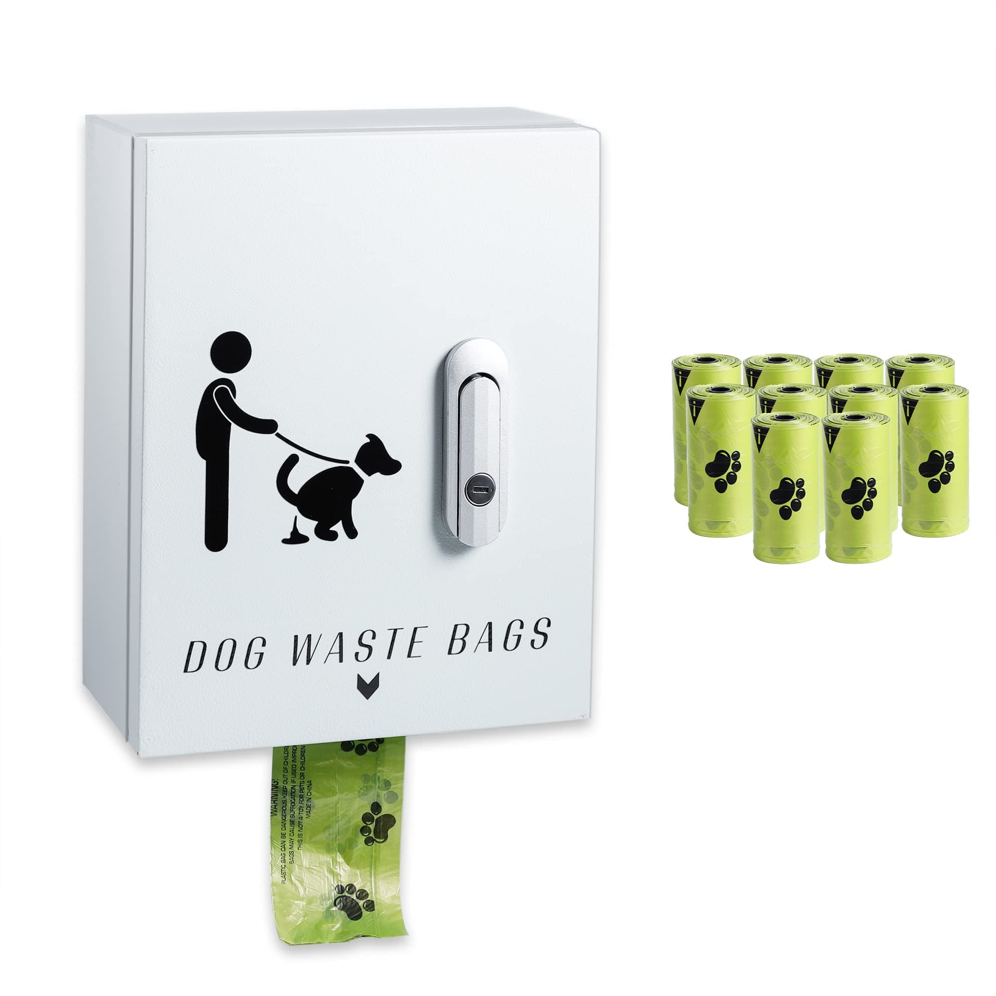 Vonsamge Outdoor Dog Poop Bag Dispenser for Yard, Wall Mount Metal Waste Bag Dispenser with Lock， Waterproof Doggy Bag Holder for Pet Waste Stations， Holds 20 Rolls Dog Waste Bags（Gray）