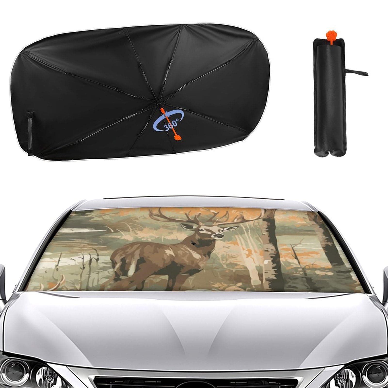 Camo Deer Camouflage Car Windshield Sun Shade Umbrella Foldable Car Umbrella Sunshade Cover Easy to Store and Use Keeps Vehicle Cool 52.4 * 28.3inches