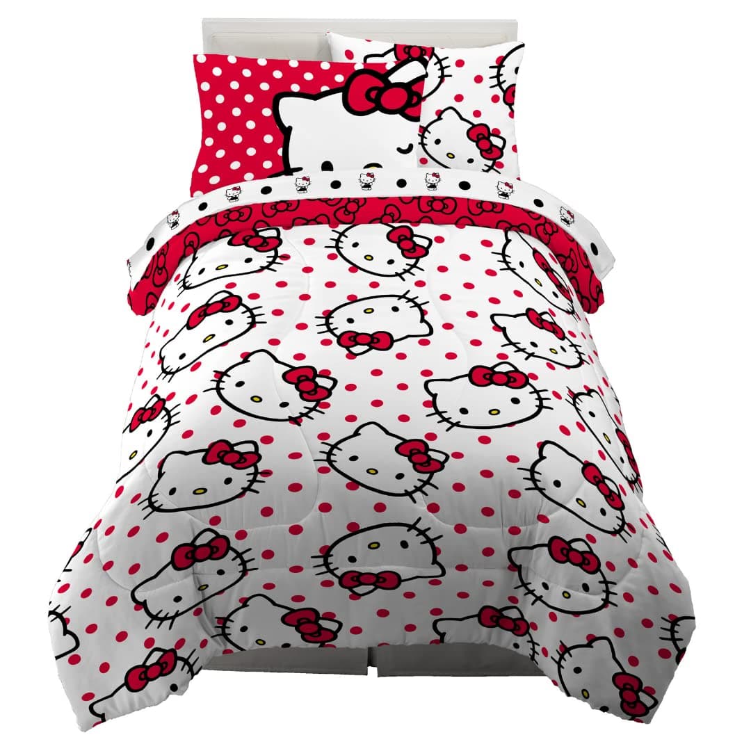 Franco Collectibles Hello Kitty Polka Dot Bedding 5 Piece Super Soft Comforter and Sheet Set with Sham, Twin, (Official Licensed Product)