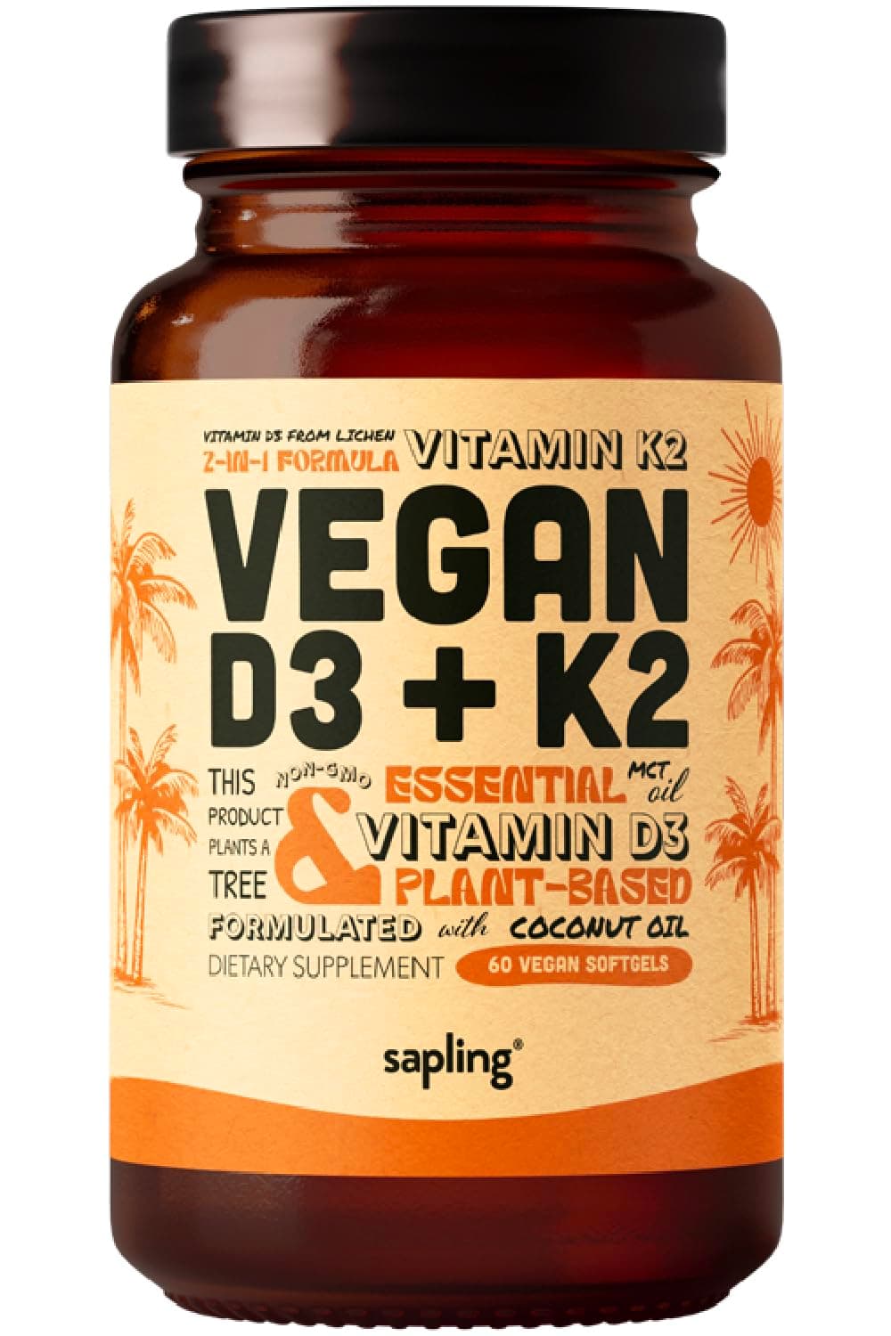 sapling Vegan Vitamin D3 + K2 Supplement with MCT Oil from Coconut - 4000 IU Vitamin D and 100mcg Vitamin K2 as Mk7 - Calcium Absorption, Bone Strength, and Immune Health Support* - 60 Softgels
