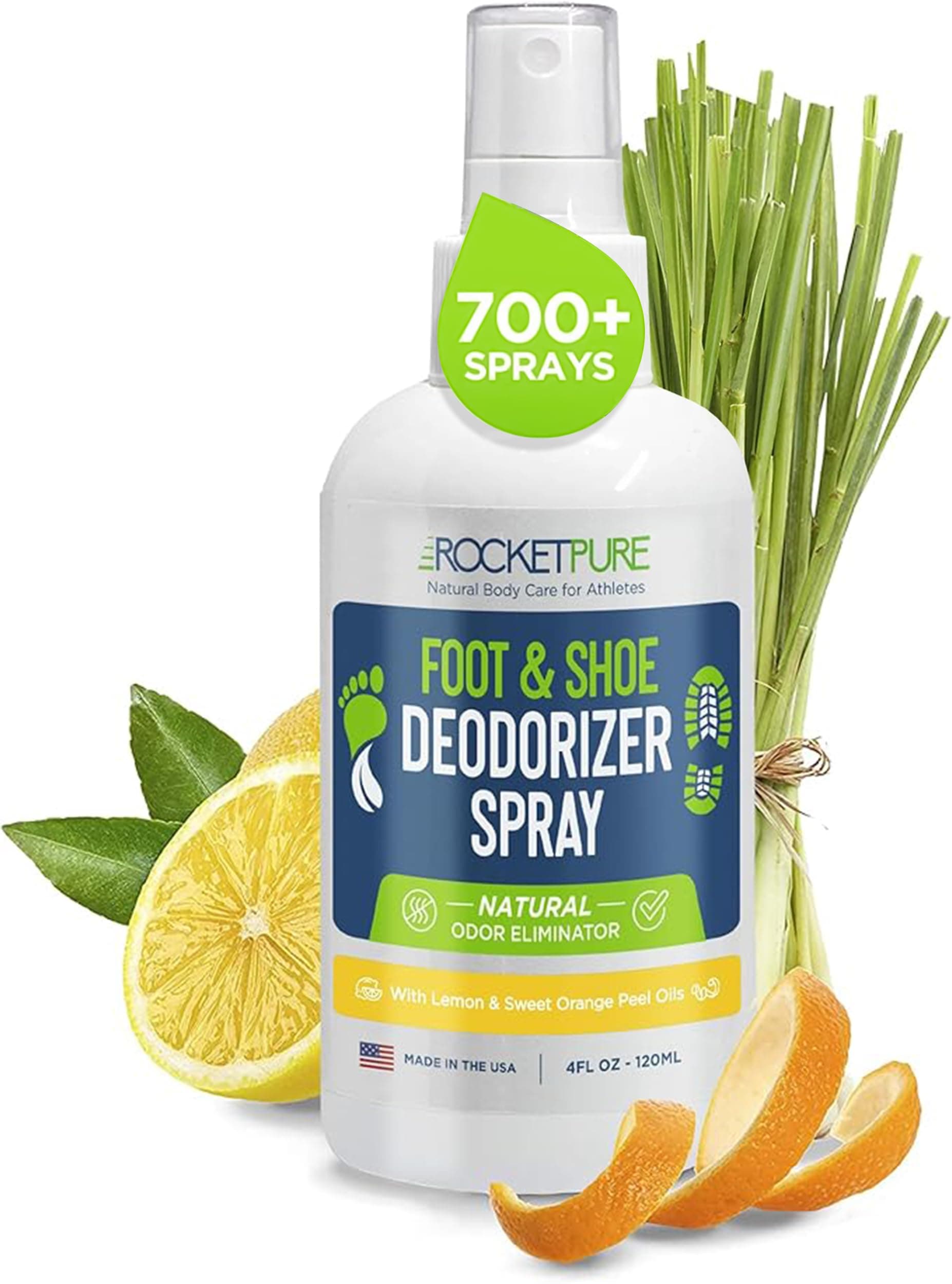 Rocket Pure Natural Foot and Shoe Deodorizer Spray, Deodorant and Odor Eliminator for Smelly Feet, Smell Remover, Formulated with Essential Oils, Made in the USA, Lemon, 4 fl oz