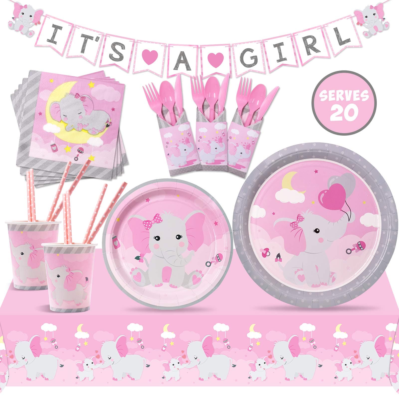 Elephant Baby Shower Decorations for Girl 182PCS IT'S A Girl Tableware Party Decorations Baby Girl Shower Decorations Including Banner Tablecover Plates Cups Cutlery Bags Straws Serves 20 Guests