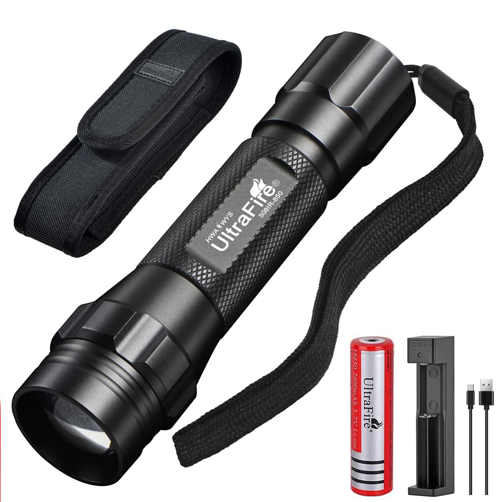 ULTRAFIRE IR Torch 850nm LED Infrared Illuminator Zoomable IR Light with Flashlight Holster, 2600mAh Rechargeable Battery and Charger, for Hog Coyote Varmint Predator Light Night Vision