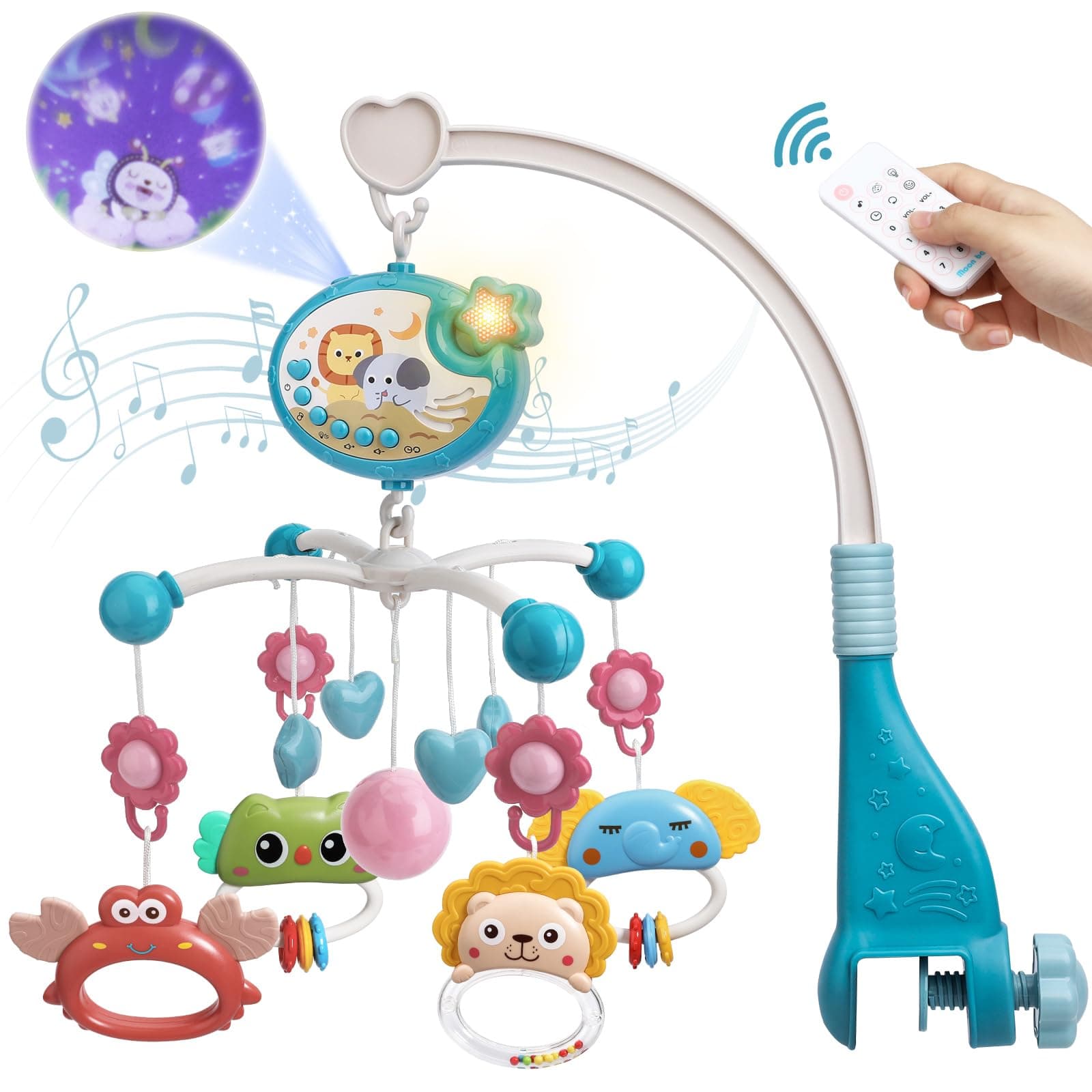 Mini Tudou Baby Musical Crib Mobile with Star Projection & Timing Function,Remote Control Music Box with Muisc & Night Lights,Hanging Rotating Animal Rattles for Kids,Toy for Newborn 0-24 Months