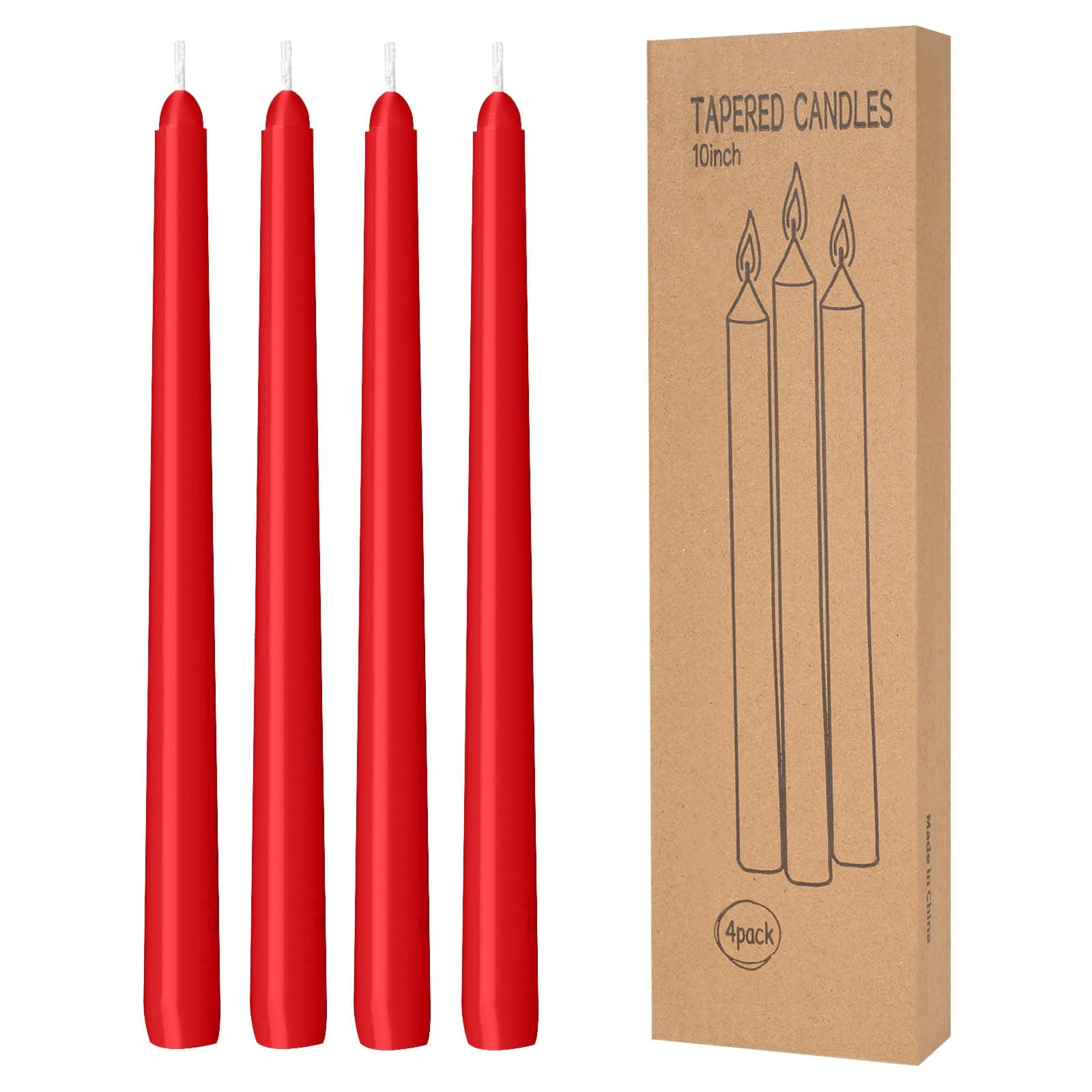 4 Pack Red Taper Candles - Taper Candles 10 Inch Dripless, Smokeless & Unscented - 8 Hours Long Burning - Hand Poured Tall Candlesticks - Ideal for Weddings, Dinner Parties, and Home Decor