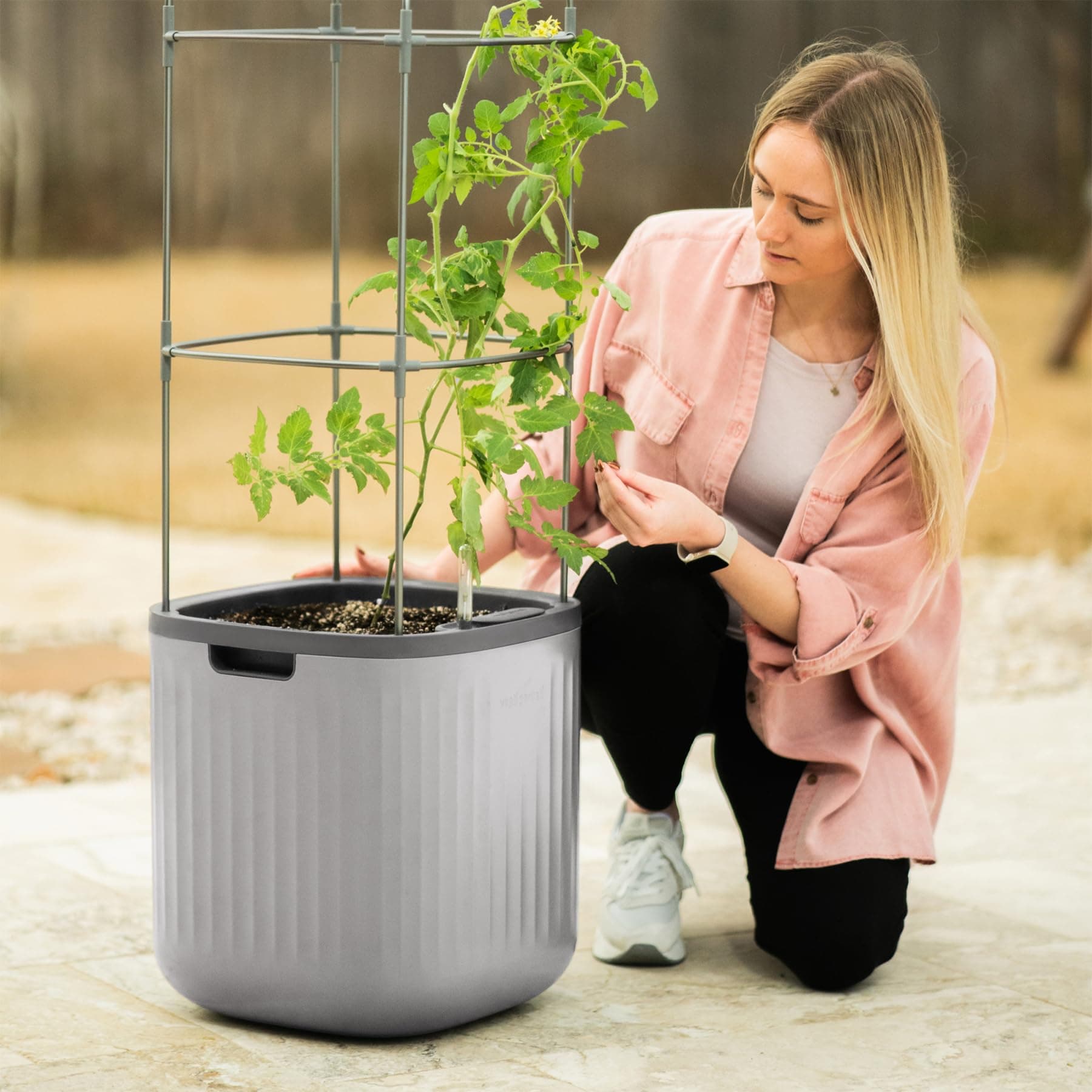 Planters for Outdoor & Indoor Plants, Large Plant Pots with Self Watering, 15" Tall Large Plant Pots with Trellis for Flowers Plants Decor, Fog Gray
