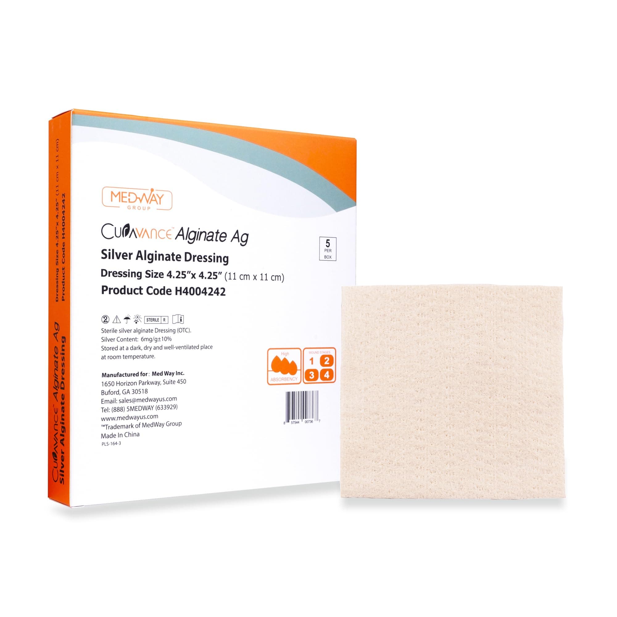 Medvance MedHeal Silver Calcium Alginate Ag Sterile Highly absorbent Antibacterial Dressing, 4.25"x4.25", 5 dressings/Box, MedHeal TM