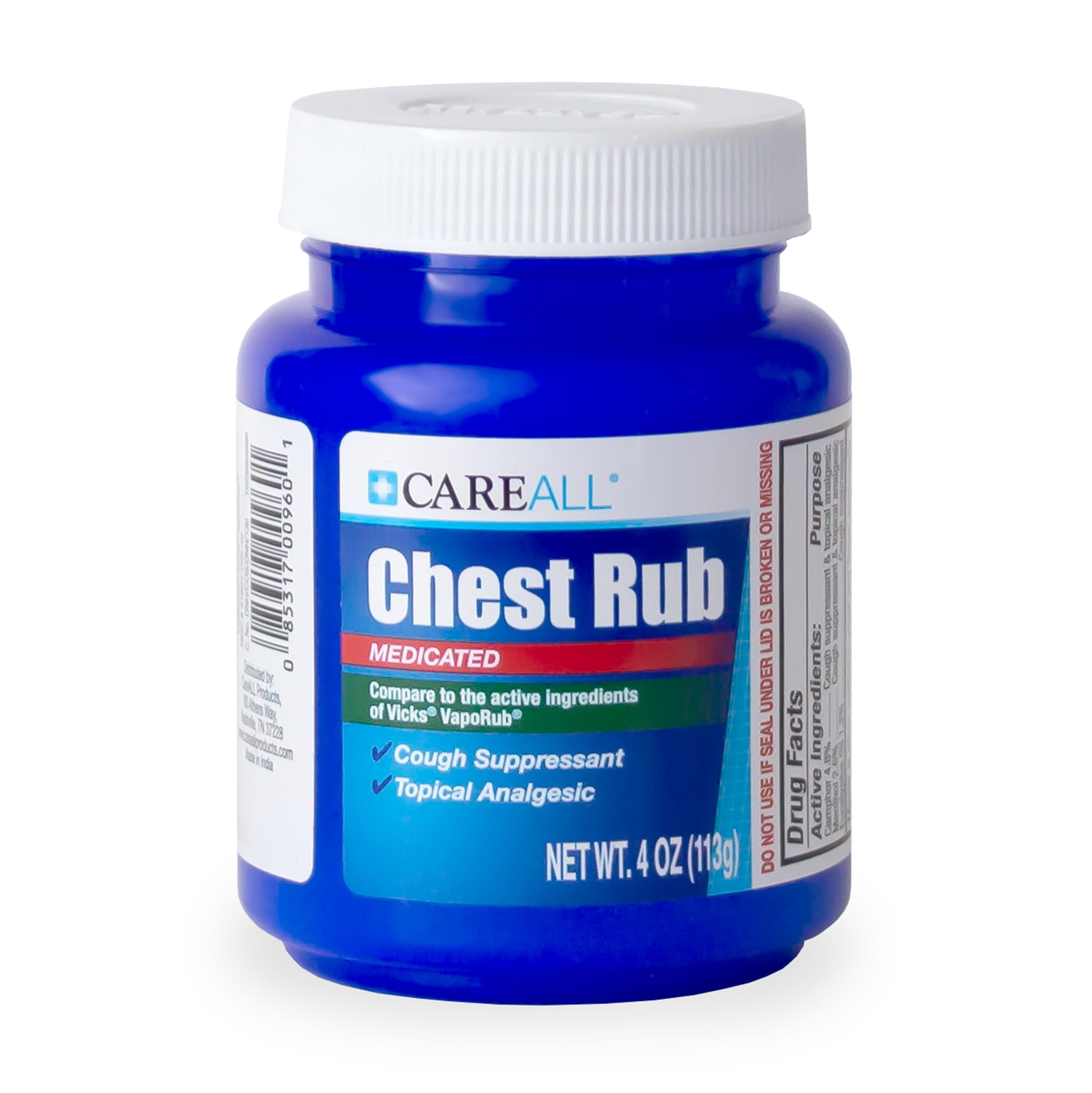 Medicated Chest Rub 4 oz. Topical Analgesic and Cough Suppressant. Provides Relief to Throat, Chest and Sinuses from Cough, Cold, and Congestion