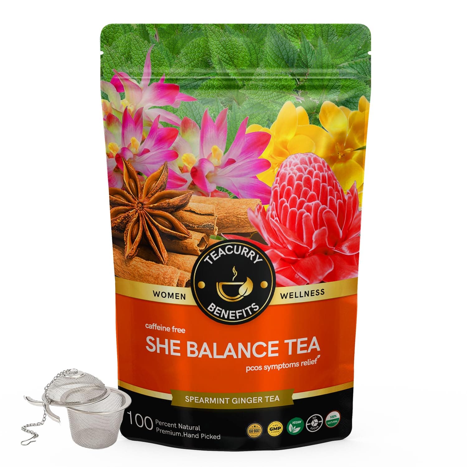 TEACURRY PCOS PCOD Tea (1 Month Pack, 100 Grams Loose) + Infuser - Helps with Hormone, Period and Weight - Green Tea Pcod Pcos Women - She Balance Tea