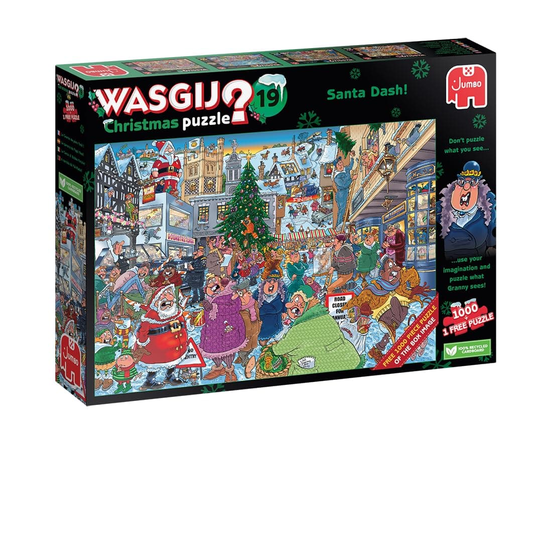 Wasgij Christmas 19, Santa Dash - 2 x 1000 Piece Adults Puzzles - Festive Fun Set of 2 Adults Jigsaw Puzzles - 100% Recycled Cardboard - 2 in 1, 1000pc Puzzle Set with Box Image Puzzle - Jumbo