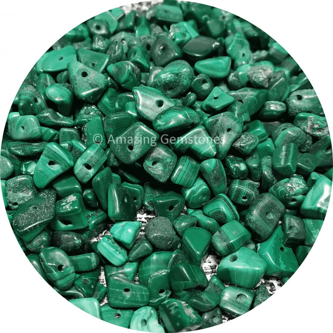 Malachite Pre Drilled Crystal Crushed Chips Beads for Bracelets Making, DIY Handmade Natural Healing Crystals (25 Inch Strand)