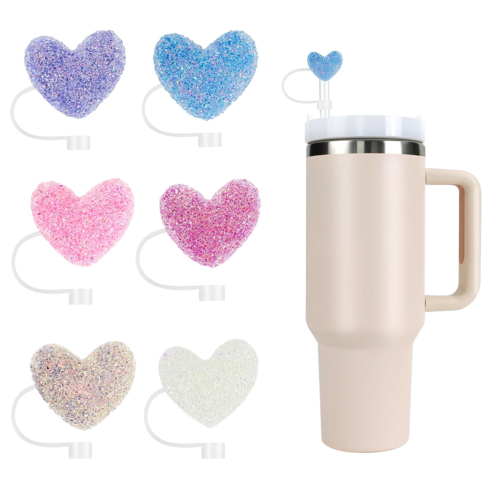 Stanley Straw Cover Cap, 6PCS Glitter Toppers for Stanley Cup, Reusable Tumbler Accessories Compatible with 10mm Straw, Funny Gifts for Women & Girls (LOVE)