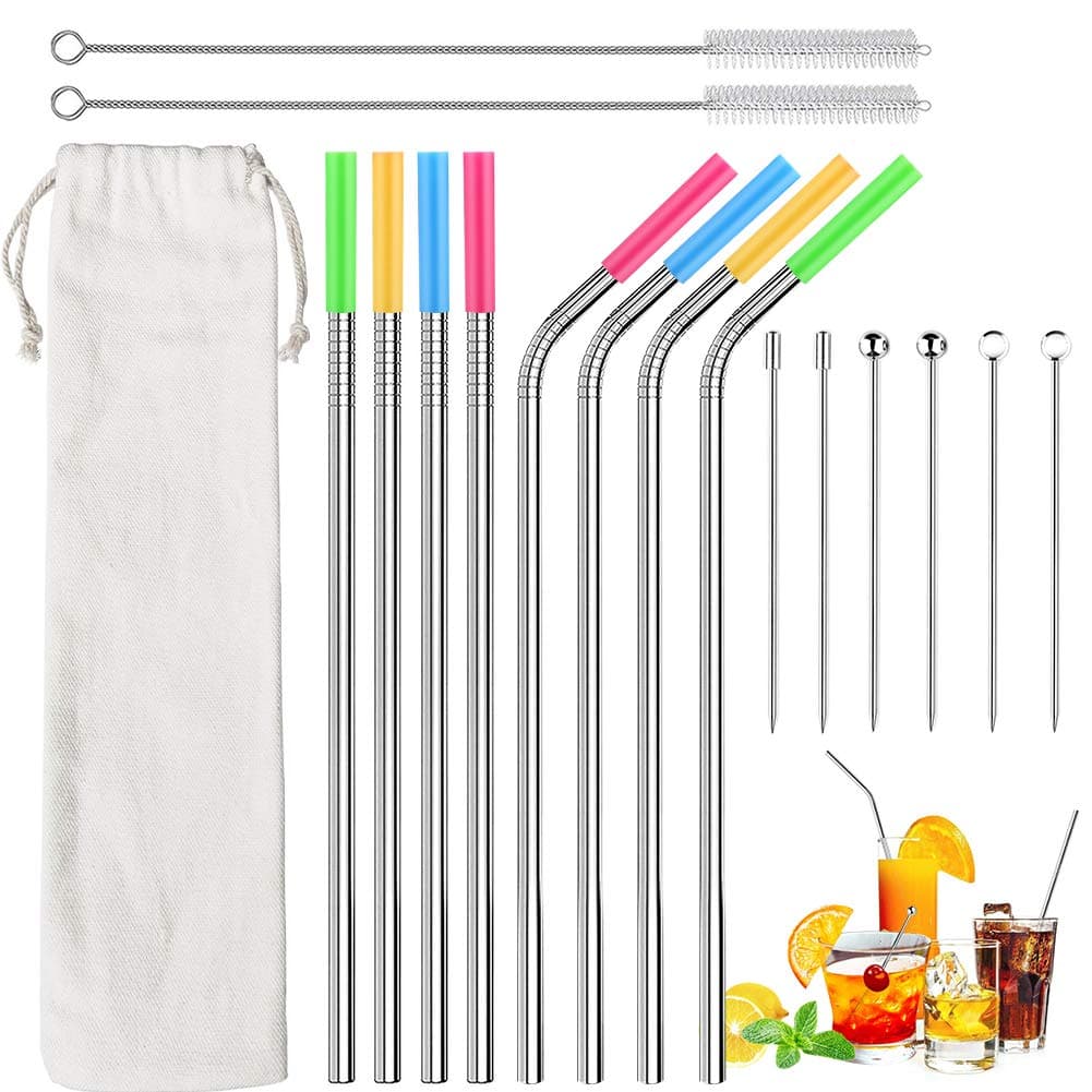 Reusable Straw,8 Stainless Steel Drinking Straws,8.5" Metal Straws with 8 Soft Silicone Tips,6 Cocktail Picks,2 Cleaning Brushes(4 Straight|4 Bent)