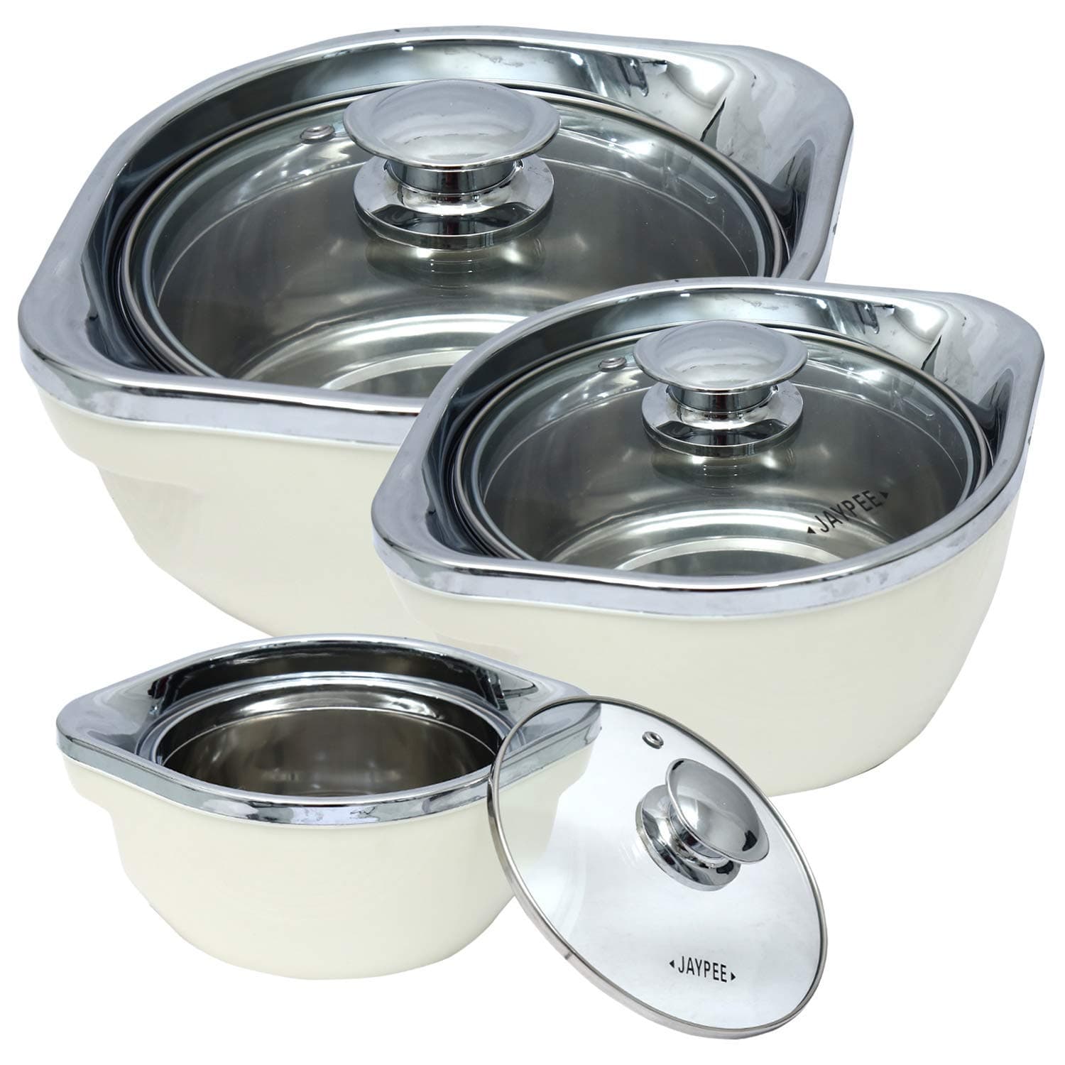 King International Stainless Steel White Vista Casserole Set Insulated casserole, Insulated Food Warmer, Hot Pot, Serving Pot, Chapati Box, Chapati Container with Lids (750 ml-1000 ml-1500 ml)