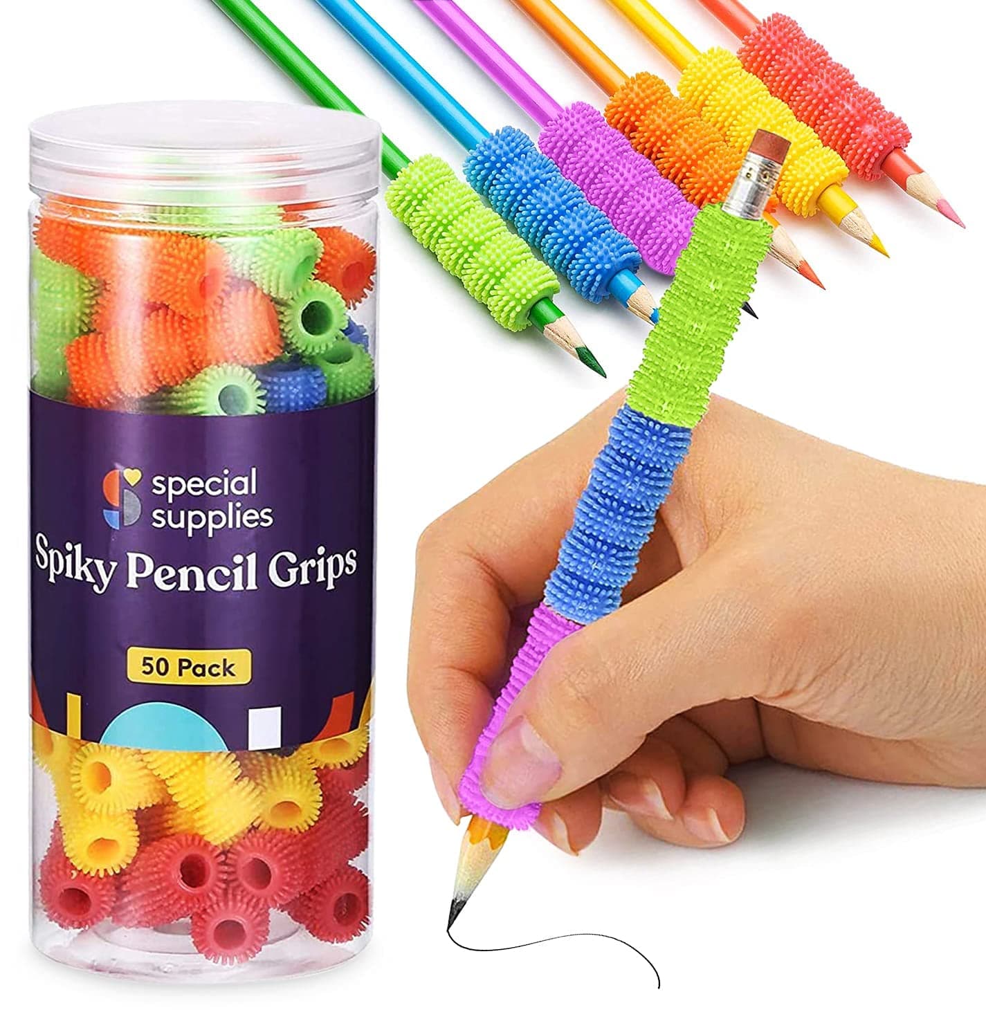 Spiky Pencil Grips for Kids and Adults Colorful Holders for Handwriting, Drawing, Coloring - Ergonomic Right or Left-Handed Use - Reusable (50-Pack)
