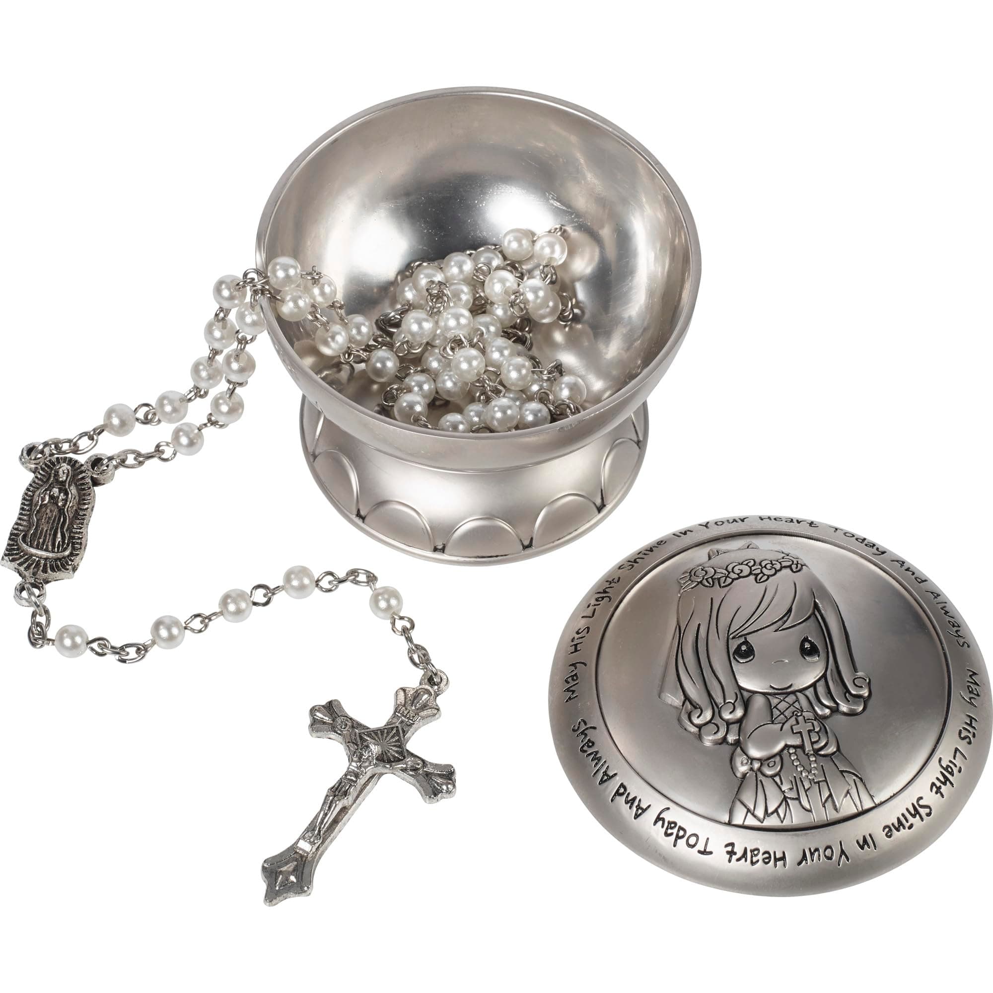 Precious Moments Rosary Communion Gift, May His Light Shine in Your Heart Today & Always Girl First Communion Rosary & Silver Zinc Alloy Rosary Box
