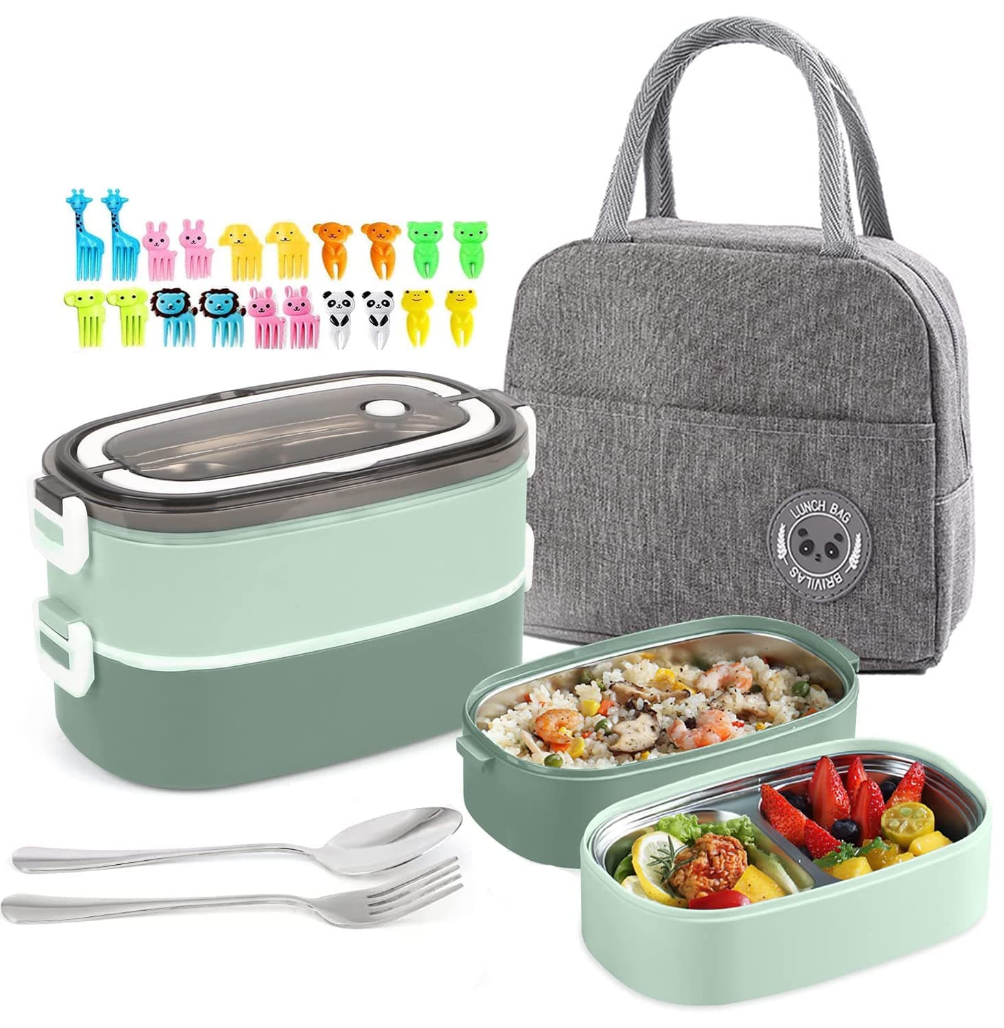 Lunch Box for Kids and Adults with Lunch Bag, 2 Tier Stainless Steel Bento Lunch Box with 3 Compartments and Cutlery (Spoon& Fork) Food Fruit Fork Picks, Leakproof | BFA Free | Dishwasher Safe (Green)