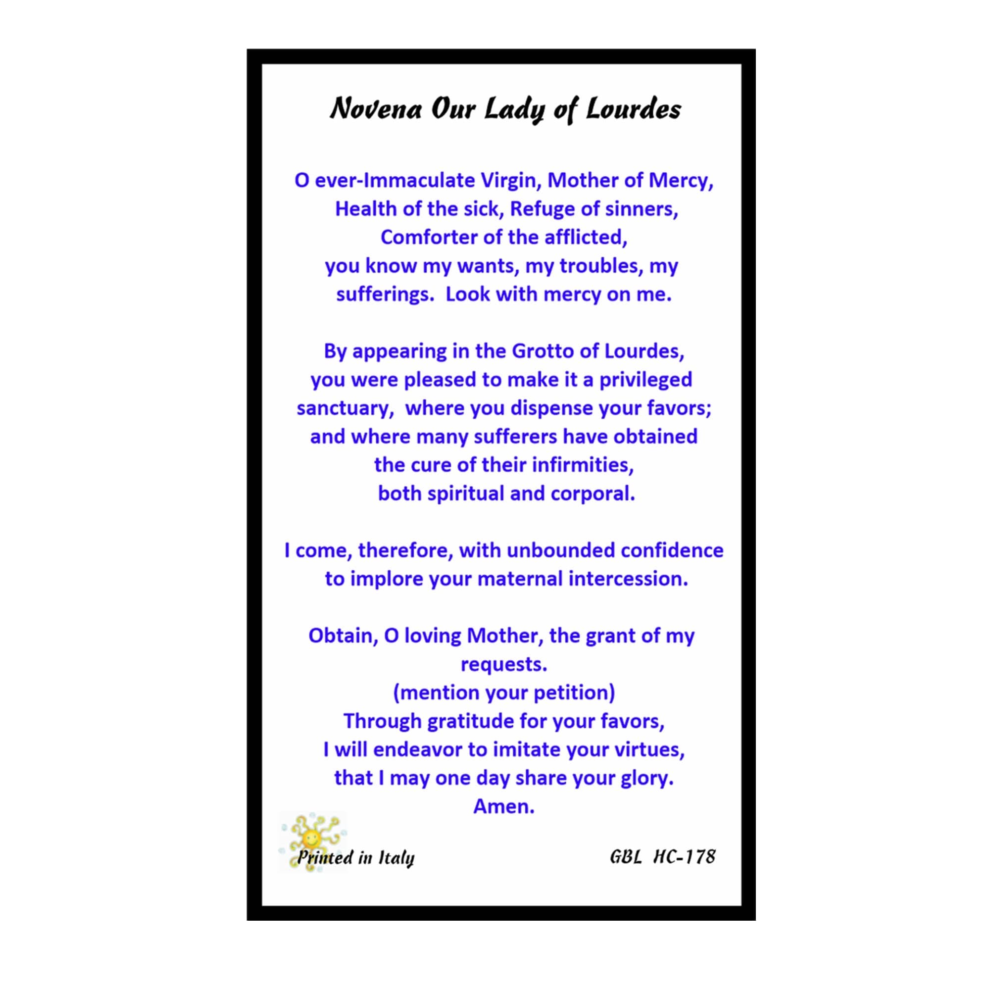 Gifts by Lulee, LLC Our Lady of Lourdes Blessed Novena Prayer Gold Embossed Italian Prayer Card