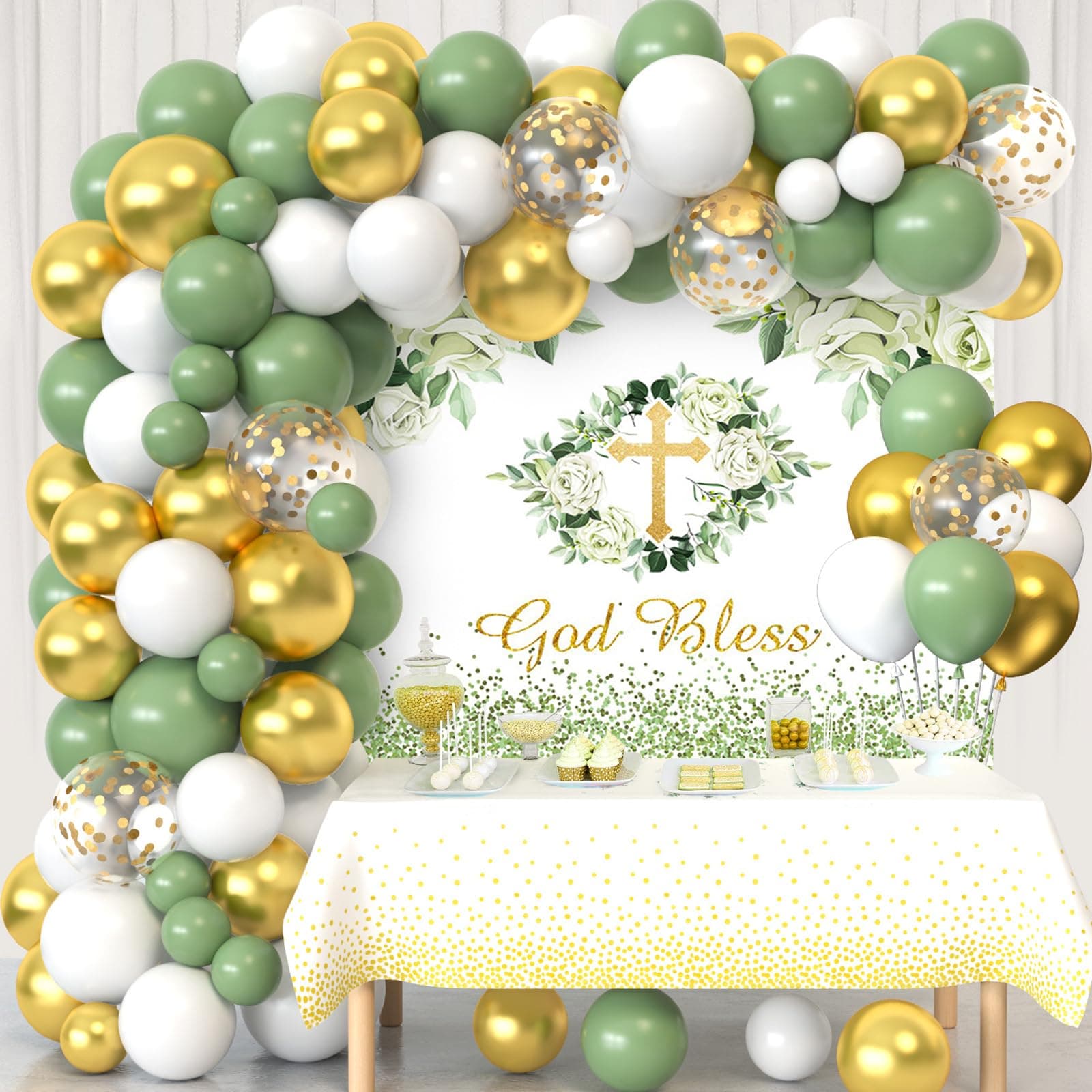 Winrayk First Communion Confirmation Baptism Decorations for Boys Girls: God Bless Backdrop, Tablecloth, Sage Green Balloon Garland Arch, Green, White, Gold Balloons, First Holy Communion Decor