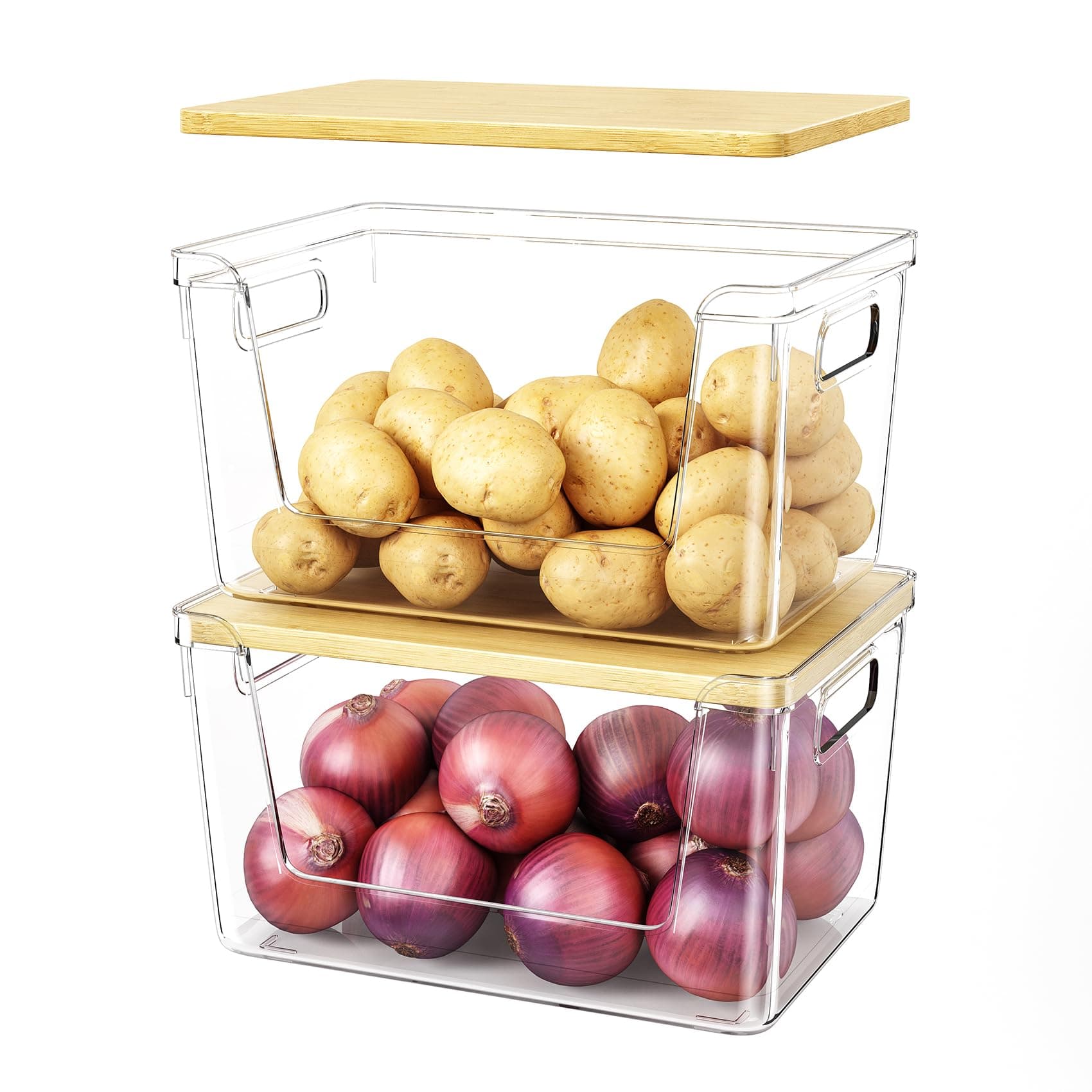 2 Set Pantry Organizer And Stackable Storage Kitchen,Sturdy Durable Basket For Potato, Onion, Garlic, Fruit, Vegetable, Produce, Clear Plastic With Lid&Handle