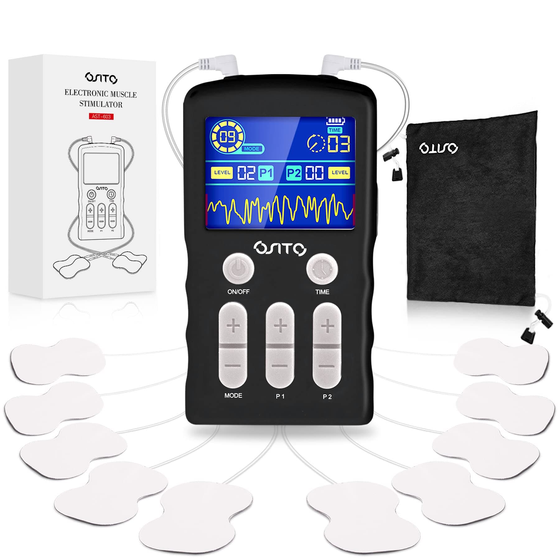 OSITO TENS Unit Machine (F.D.A.- Cleared) Dual Channel EMS Muscle Stimulator with 25 Modes 50 Intensities for Full Body Massage Therapy, Rechargeable Muscle Massager with 10 Electrodes Pads