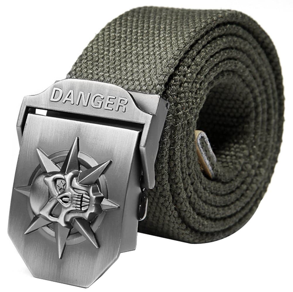 Ayliss Men's Canvas Web Belt Danger Skull Stainless Steel Buckle Military Waistband,Army Green