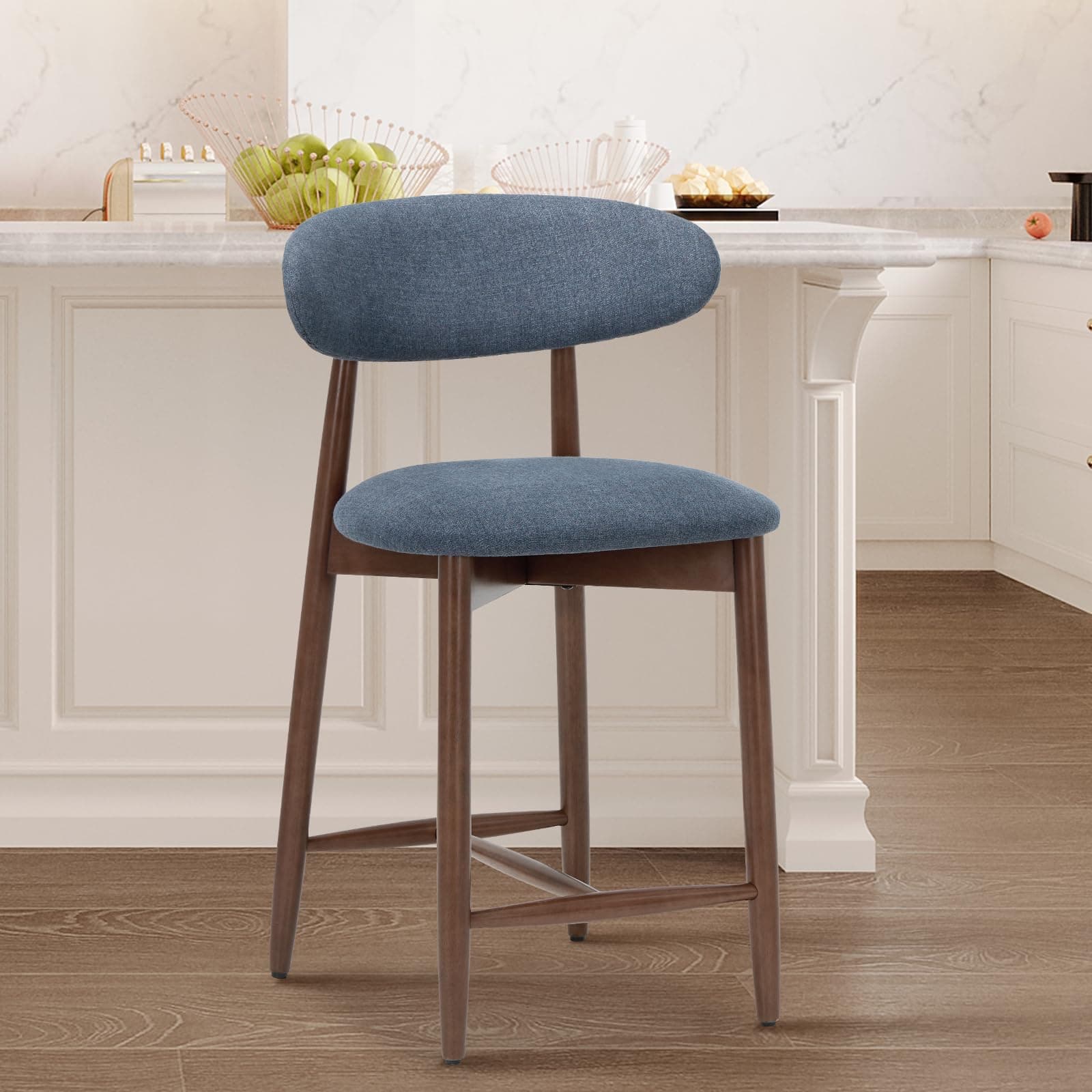 Upholstered Counter Height Bar Stools, Kitchen Island Stools with Back, Modern Counter Stools Island Bar Chairs with Wood Legs for Kitchen Island Dining Room Bar, Blue