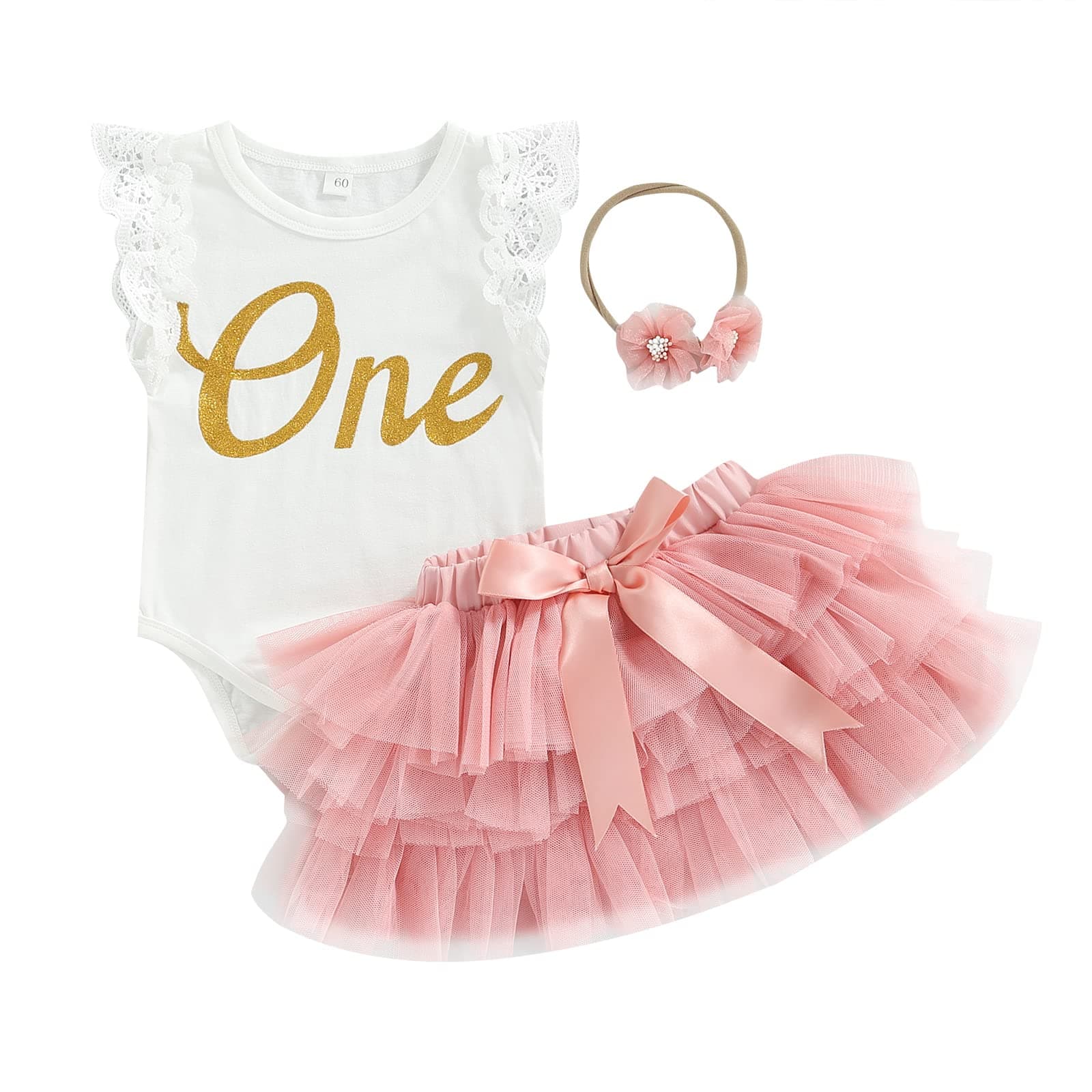 Baby Girls My 1st Birthday Outfits Short Sleeve Golf Court Embroidery Romper + Tutu Skirt + Headband Set