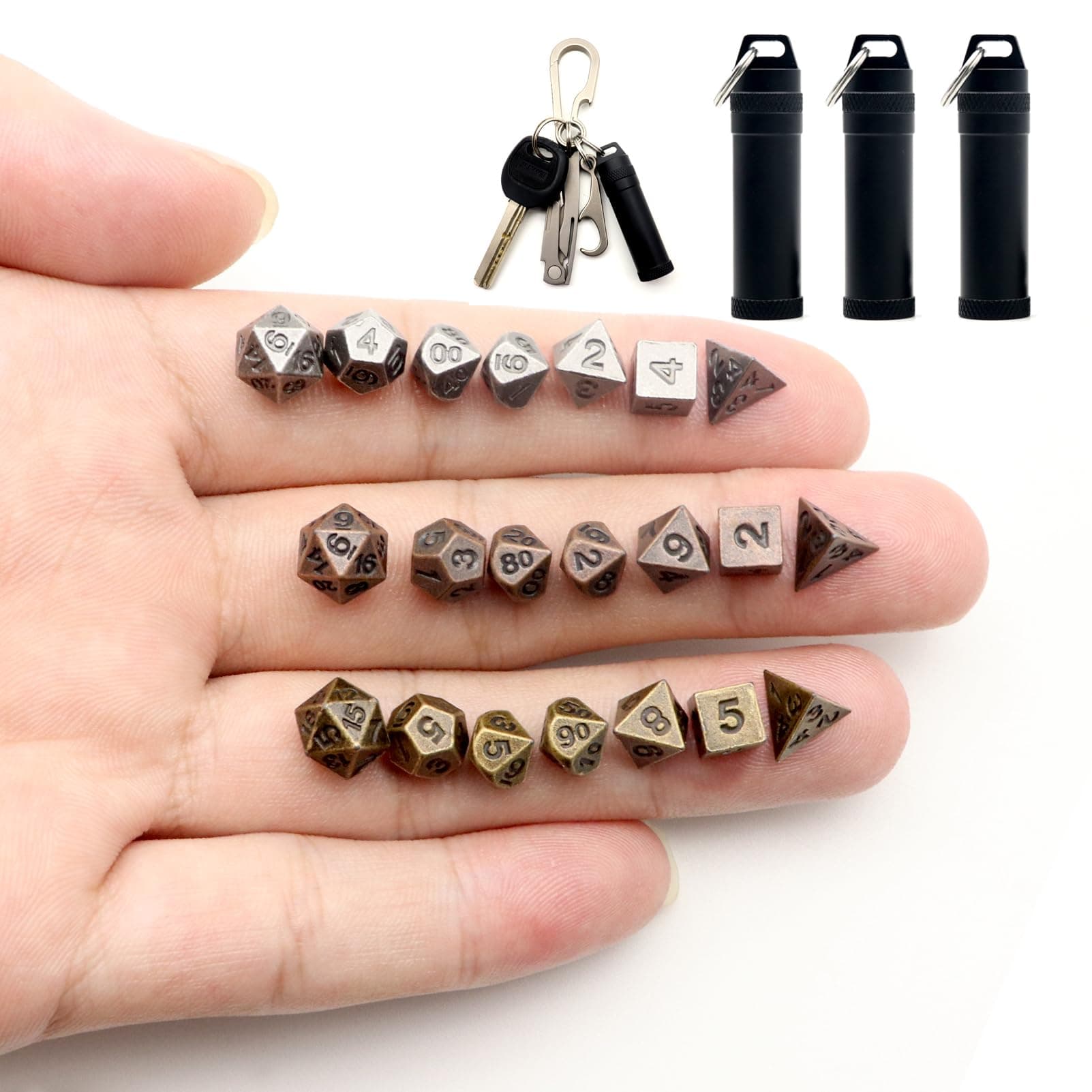 Haxtec Mini Dice Set: Tiny Small Metal DND Dice Set with Dice Case Portable Antique Metal Dice Set for Keychain-3 Sets