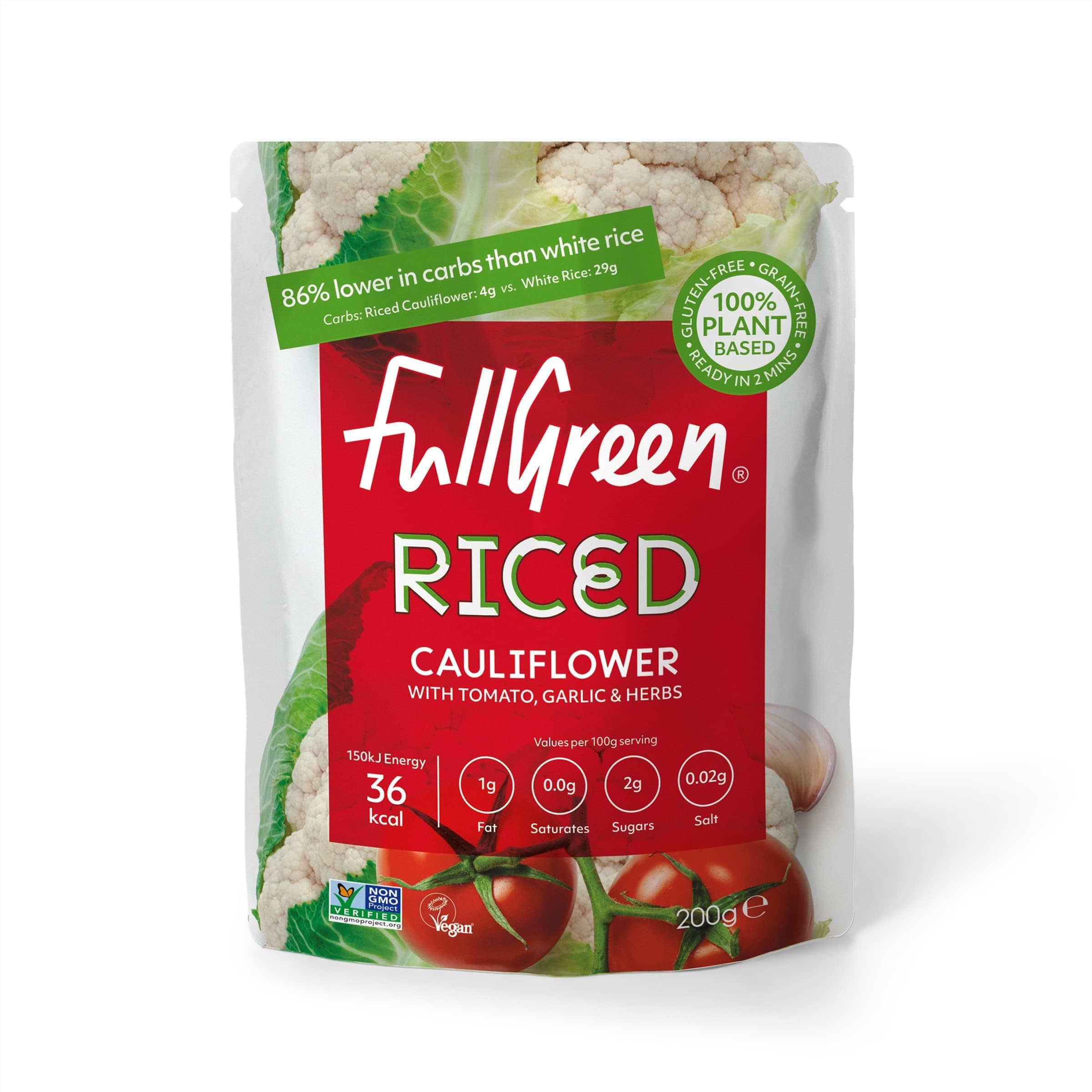 Fullgreen, Cauliflower Rice With Tomato, Garlic & Herbs - Rice Alternative, Low Carbs & Keto Friendly, Low Calorie, Ready to Eat, Rice Alternative, Vegan - case of 6x 200g pouches - made in the UK