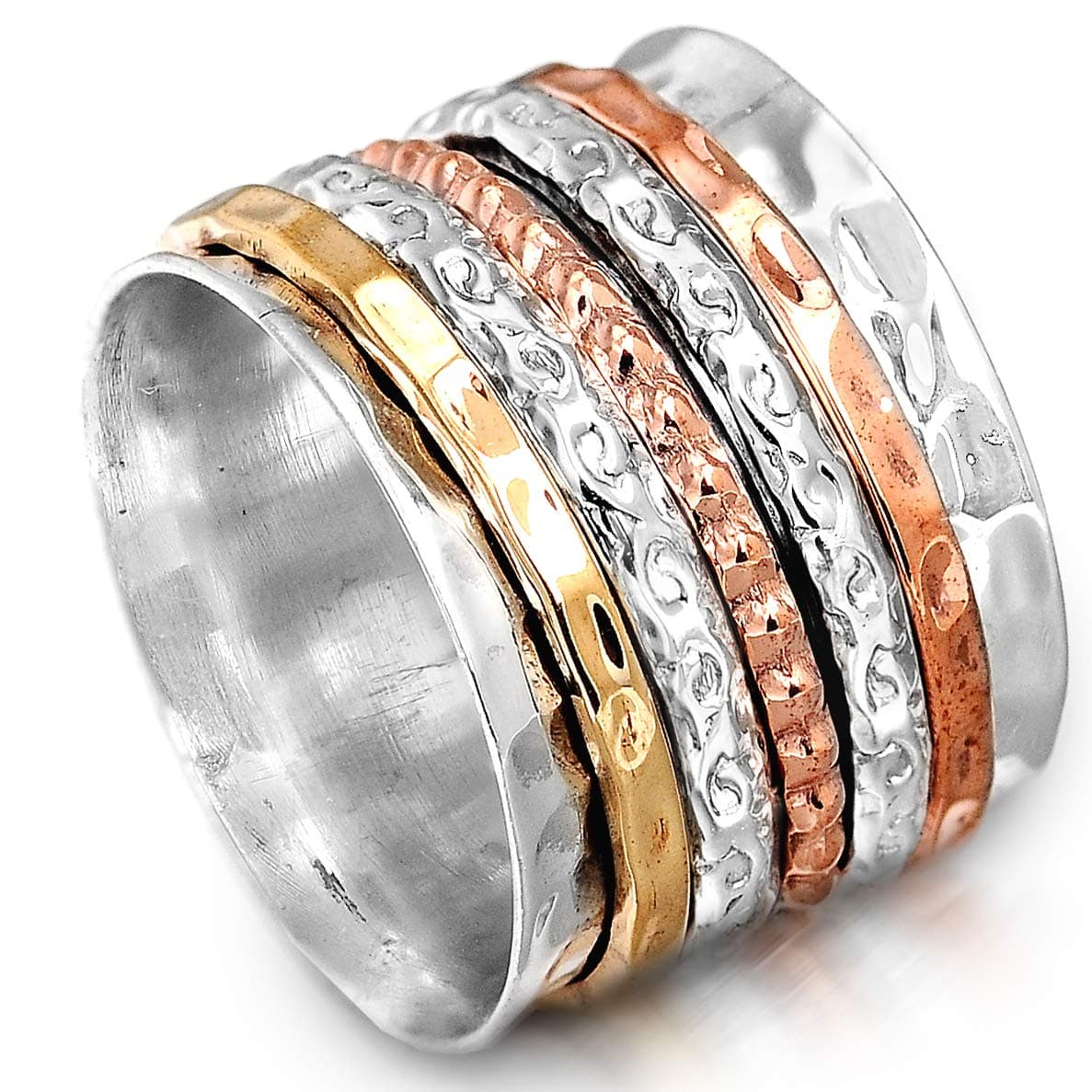 Boho-Magic Spinner Ring for Women 925 Sterling Silver with Copper and Brass Fidget Bands Wide