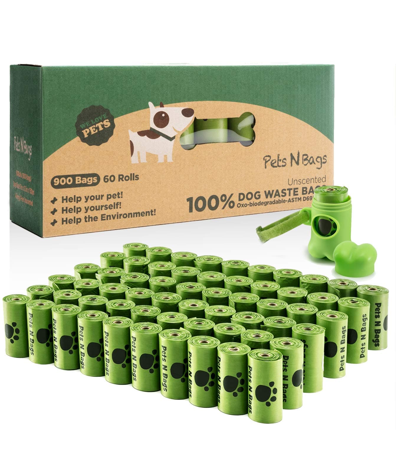 Dog Waste Poop Bags, Dog Bags for Poop, Refill Rolls (60 Rolls / 900 Count, Unscented), Includes Dispenser