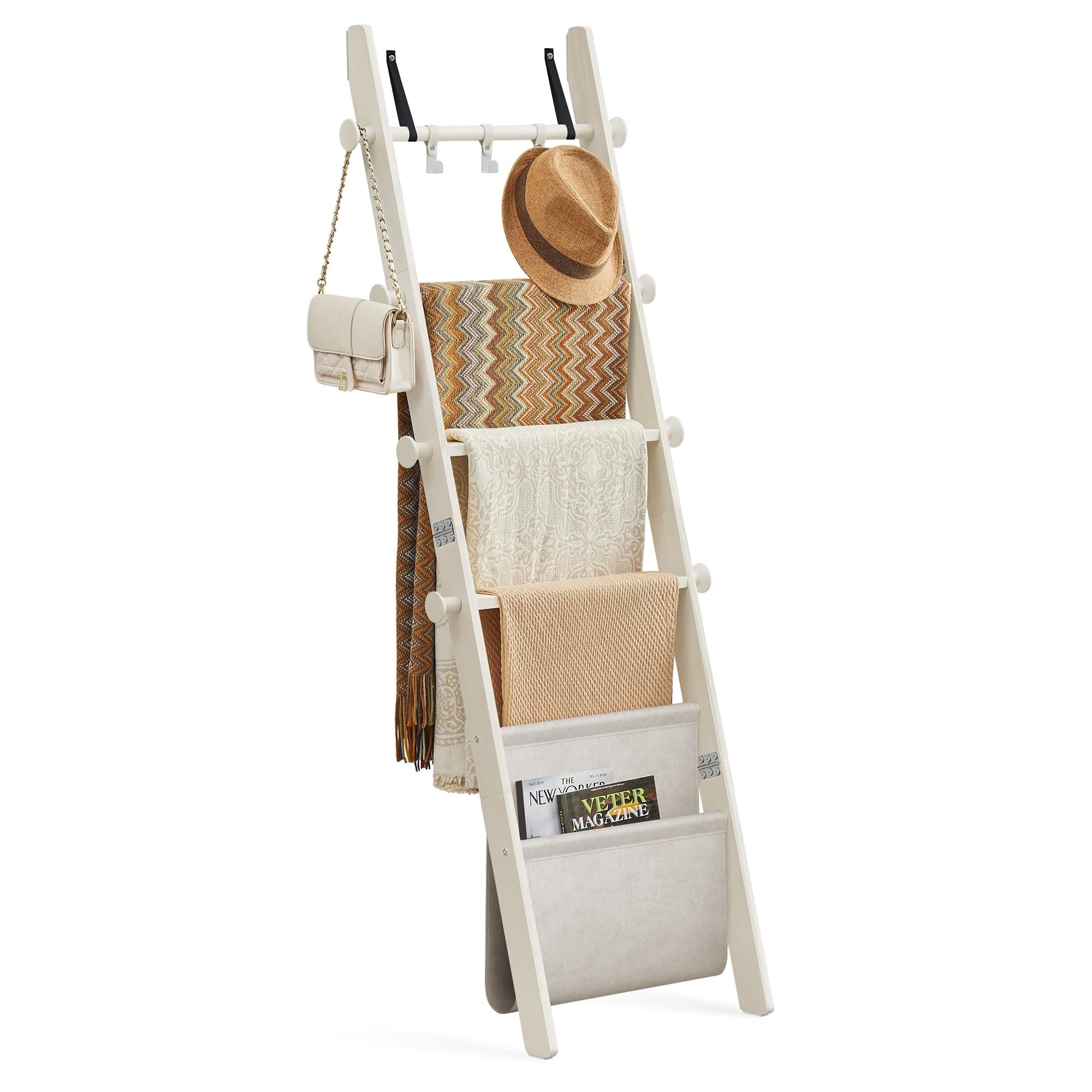 VASAGLE Blanket Ladder for Living Room, 5-Tier Wooden Ladder Shelf, Decorative Farmhouse Blanket Rack with Synthetic Leather Bag, Metal Hooks, Side Hooks, for Bedroom, Cream White ULLS022W01