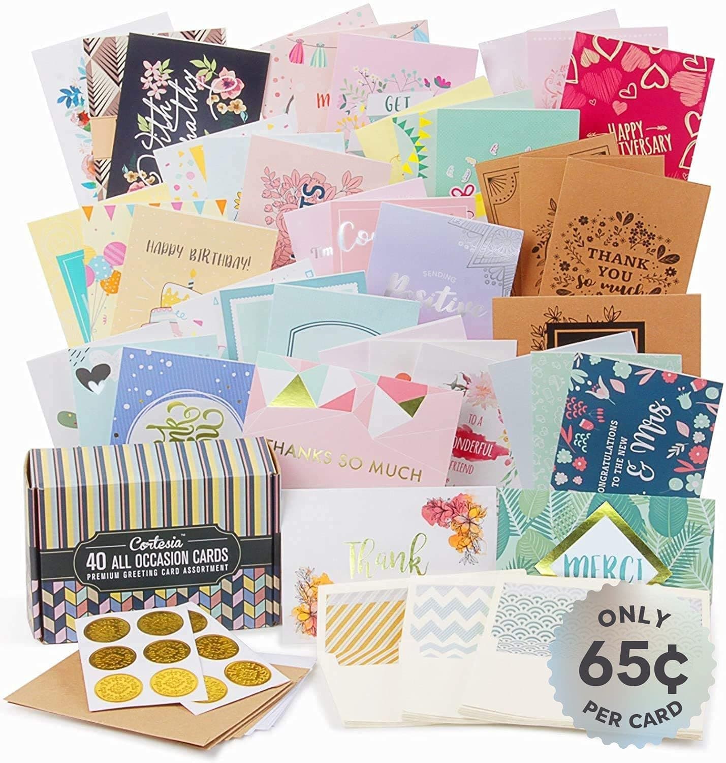 Cortesia All Occasion Greeting Cards Boxed Assortment - 40 UNIQUE DESIGNS with GOLD and SILVER EMBELLISHMENTS, Bulk Box Set - Natural Linen Color Envelopes with Printed Patterns and Kraft Paper Cards