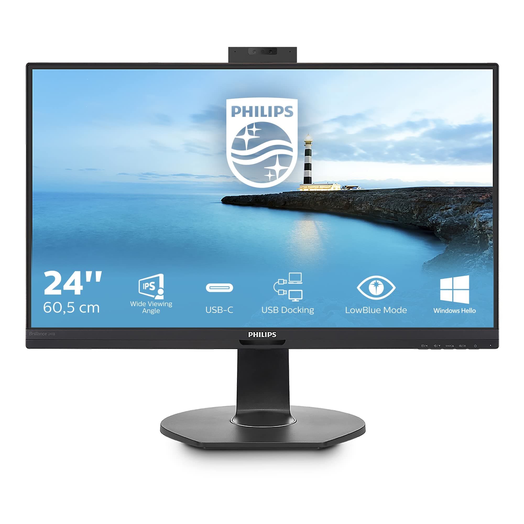 Philips 241B7QUBHEB -24 inch FHD Monitor, 75Hz, 4ms, IPS, USB-C Dock, Speakers, Height Adjust, Webcam (1920 x 1080 - 250 cd/m² - HDMI, DisplayPort, USB-C, RJ45)