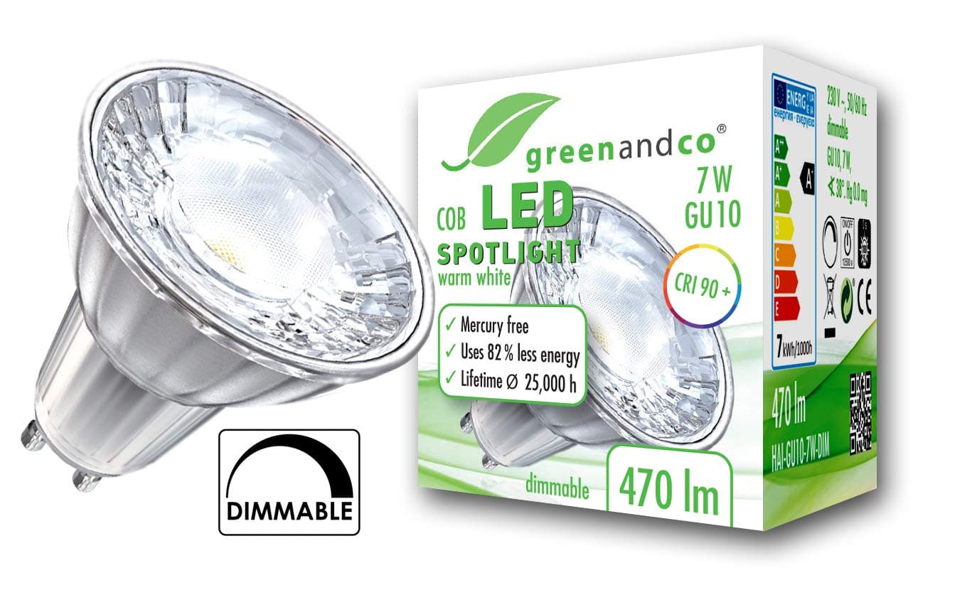 greenandco® CRI 90+ dimmable GU10 LED COB Spot 7W Replaces 40W 470lm 3000K (Warm White) 38° Beam Angle 230V AC Glass Body with Protective Glass [Energy Class A+]