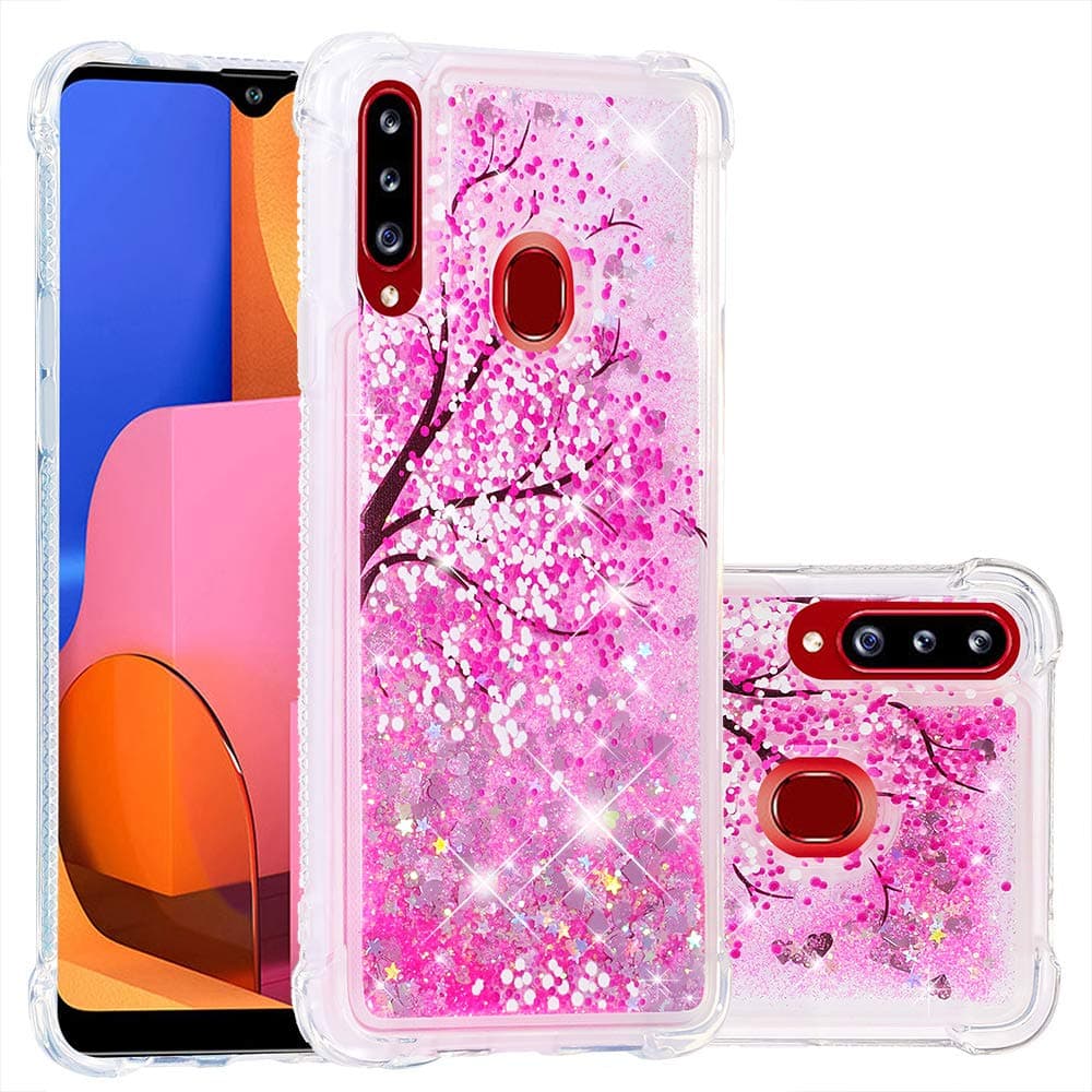 ISADENSER Samsung Galaxy A20S Case Clear Soft TPU Glitter Stylish Design with air Thicked Corner 3D Hearts Quicksand Shiny Flowing Liquid Protective Cover for Samsung Galaxy A20S Cherry Blossoms YB