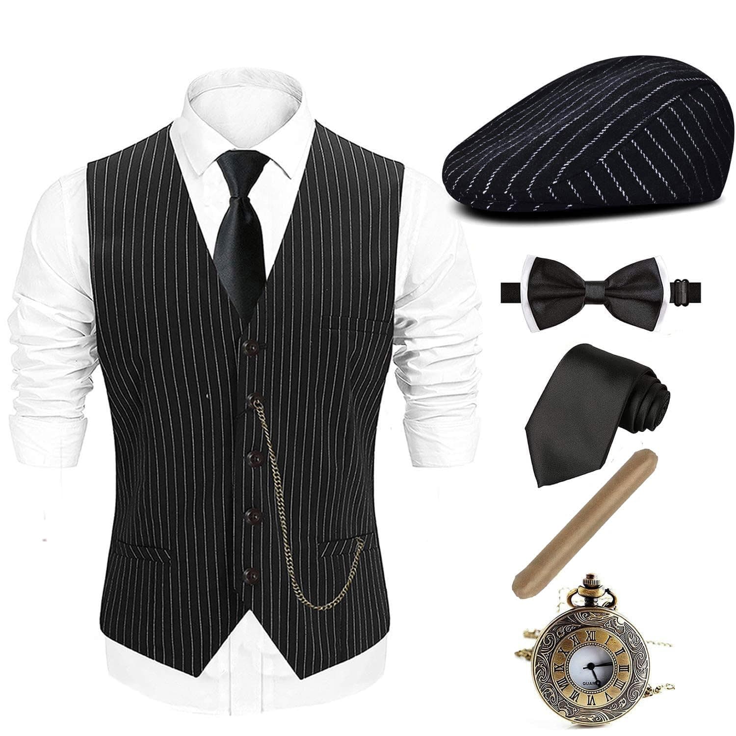 EFORLED 1920s Mens Costume Fedora Hat,Gatsby Gangster Vest,Vintage Pocket Watch,Pre Tied Bow Tie,Tie