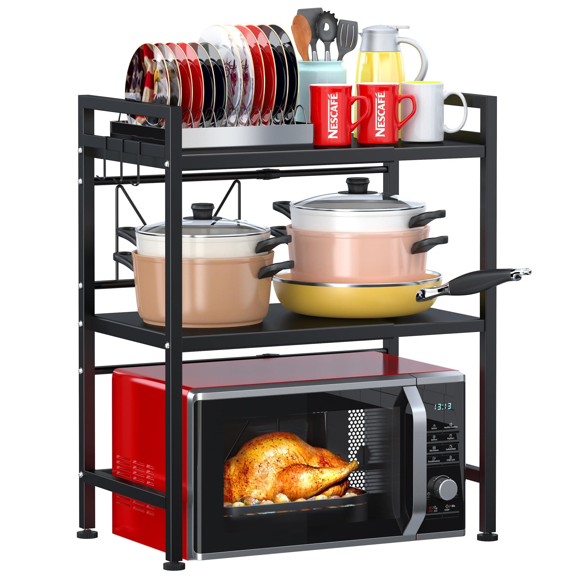 PUSDON Microwave Oven Rack, Adjustable Heavy Duty 3-Tier Shelf with 3 Hooks for Kitchen Counter Top Organizer, Holds 160lbs, Black