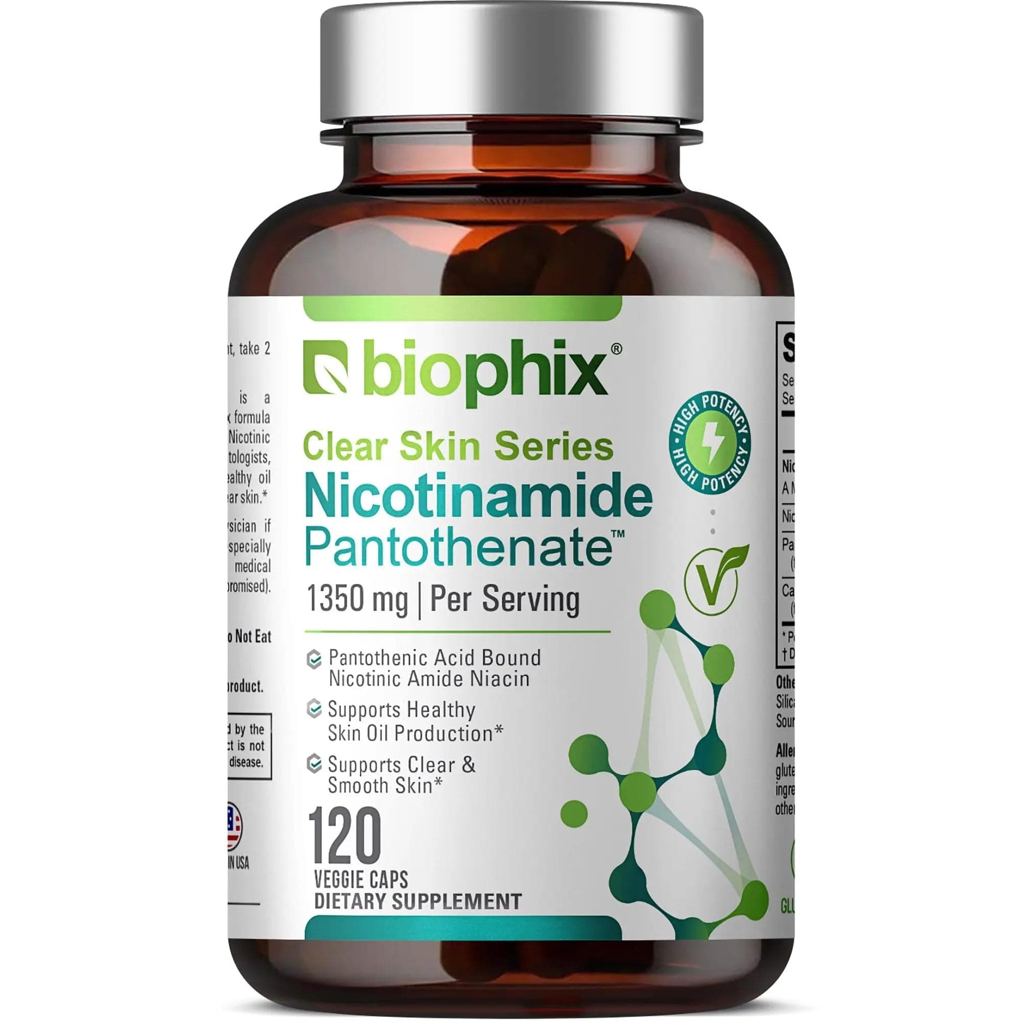 B-3 Nicotinamide Pantothenate 1350 mg 120 Vcaps - Clear Skin Series B5 Pantothenic Acid Natural Flush-Free Nicotinic Amide Niacin - Supports Skin Cell Health