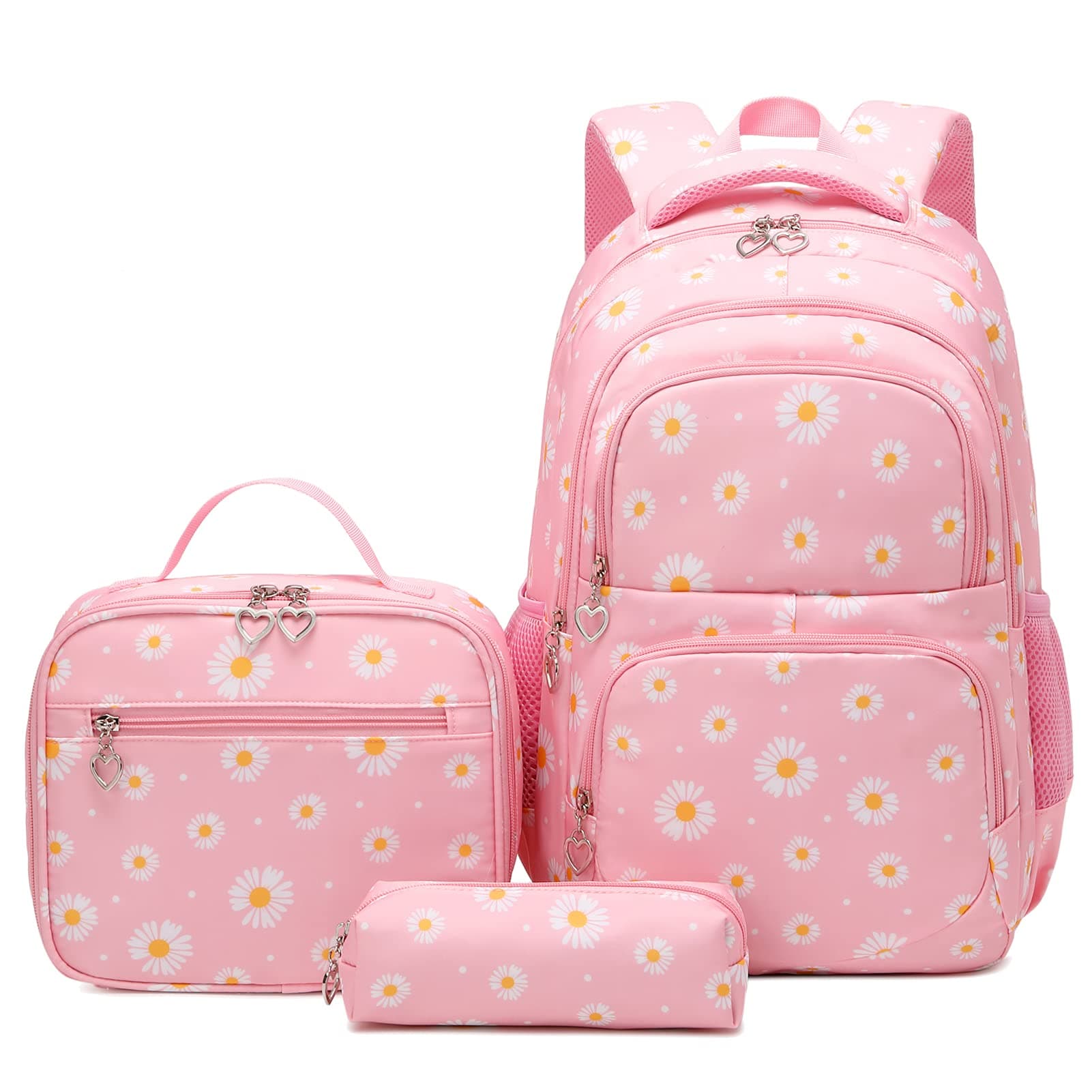 goldwheatDaisy Printed Backpacks With Lunch Pack Pencil Case 3pcs, Lightweight Water Resistant Bookbag For Middle School