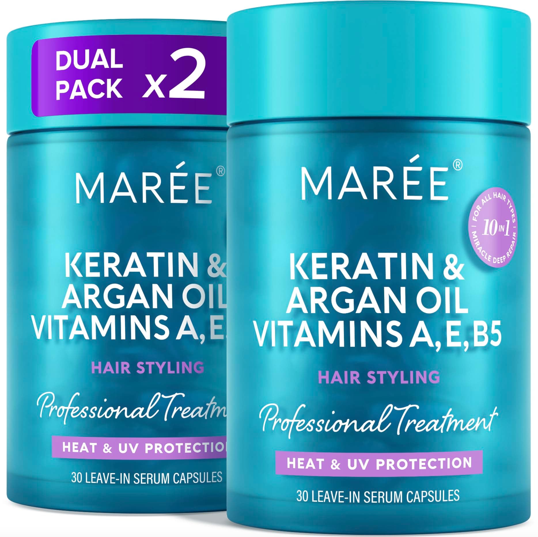 MAREE Hair Serum for Frizzy Dry Hair 2 PACK – Styling Capsules with Keratin, Argan Oil, Vitamins A E B5 – UV & Heat Protectant Frizz Control Serum for Women – Aceite Para el Cabello