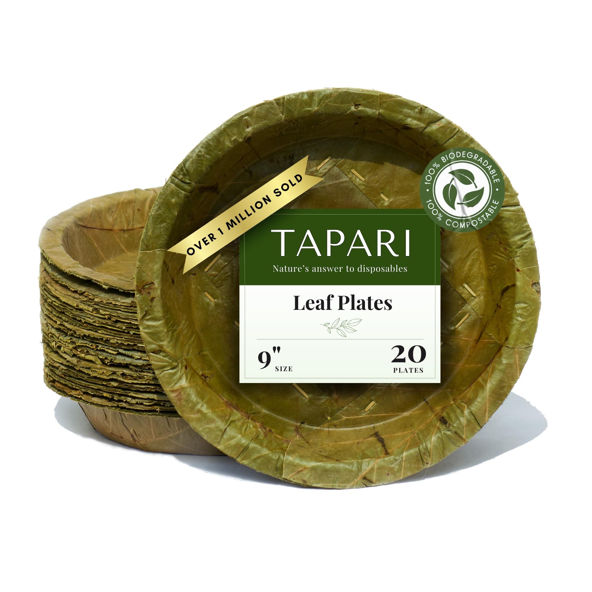 TAPARI Large Disposable Plates - 20 Pack Large Leaf Plates - 9 Inch Diameter - Strong & Eco-Friendly - 100% Compostable & Biodegradable Heavy Duty Disposable Plates - Bulk Party Plates - Sal Leaf