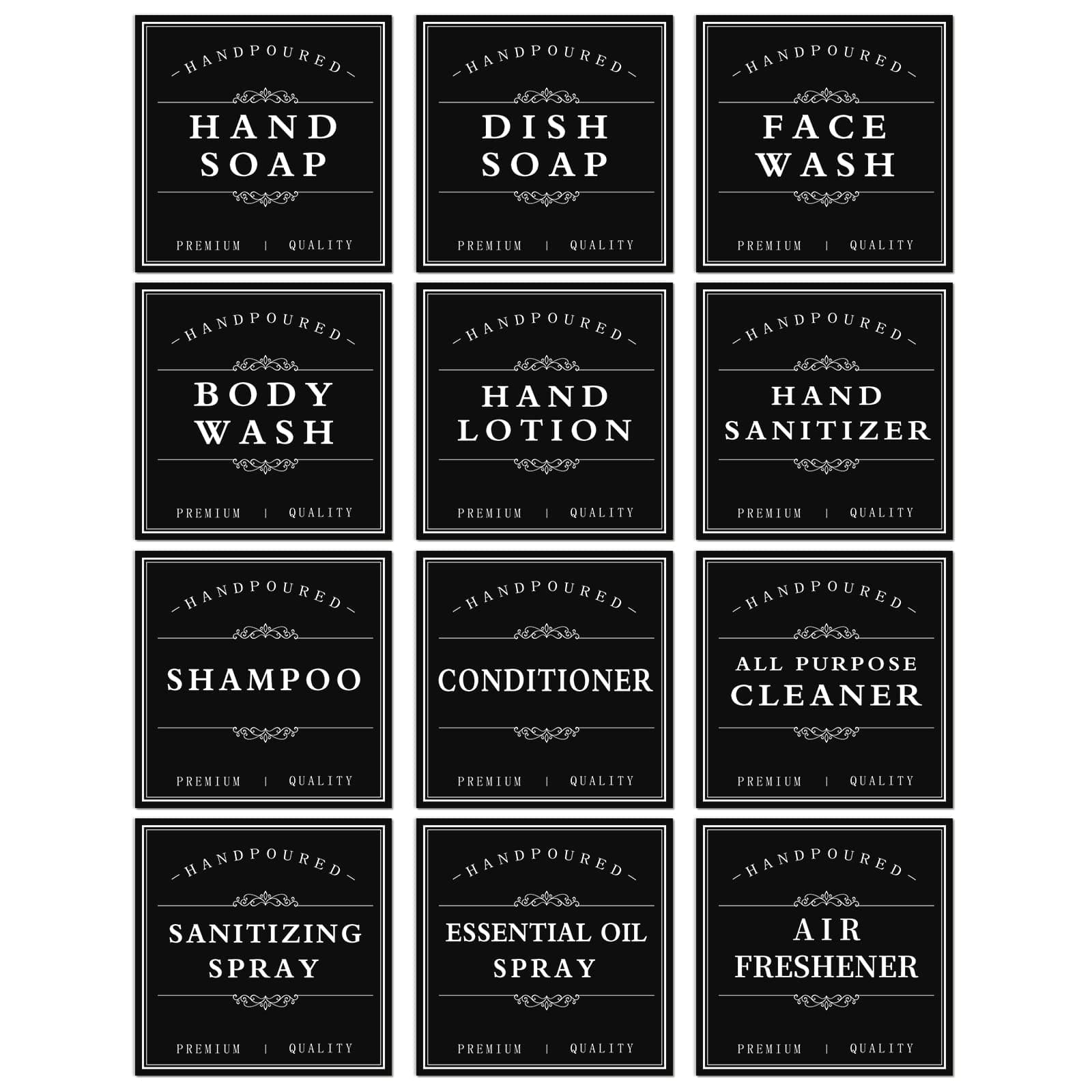 White Waterproof Soap Labels for Plastic/Glass Bottles, Bathroom/Kitchen Hand Soap Dispenser Label Stickers, Removable Cleaning Bottle Labels for Soap, Lotion, Shampoo Conditioner, 12Pack (Black)