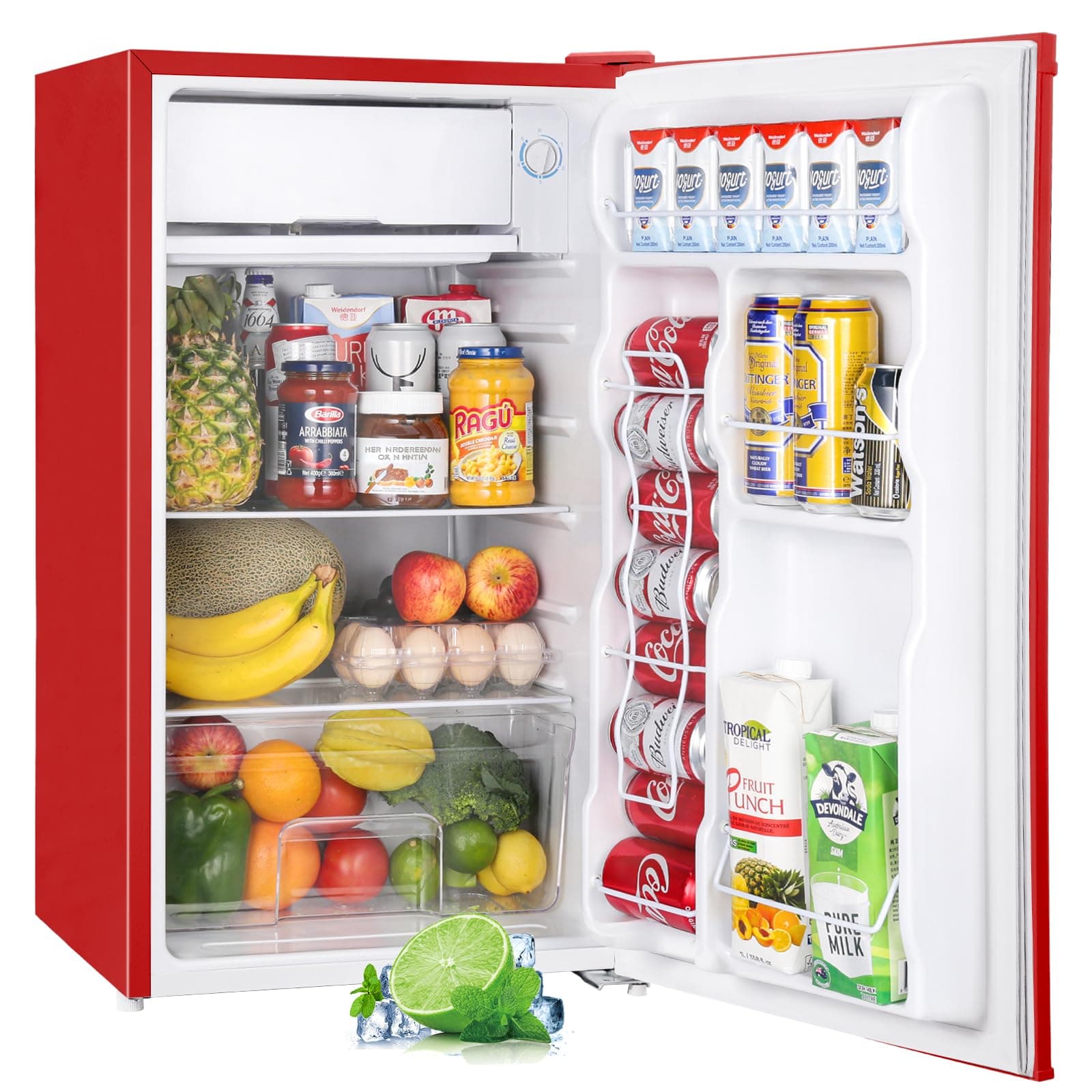 3.2 Cu.Ft Mini Fridge with Freezer, Single Door, Dorm Fridge, Adjustable Thermostat, Refrigerator for Dorm, Office, Bedroom, Red-BR321
