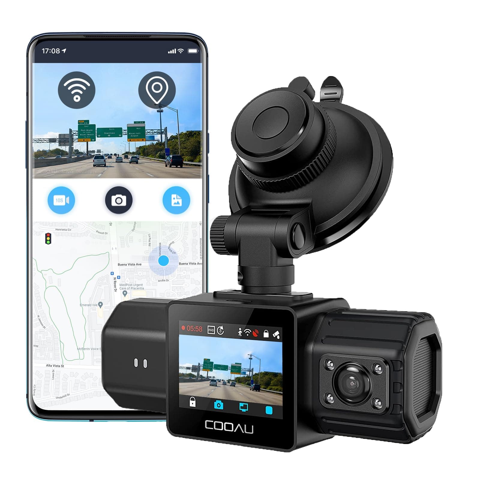 COOAU Dual Dash Cam 2.5K+1080P, Dash Cam Front and Inside, Built-in GPS and WI-FI, Dash Camera for Cars, Perfect for Uber and Taxi Drivers, Night Vision, Accident Record, 24Hr Parking Mode